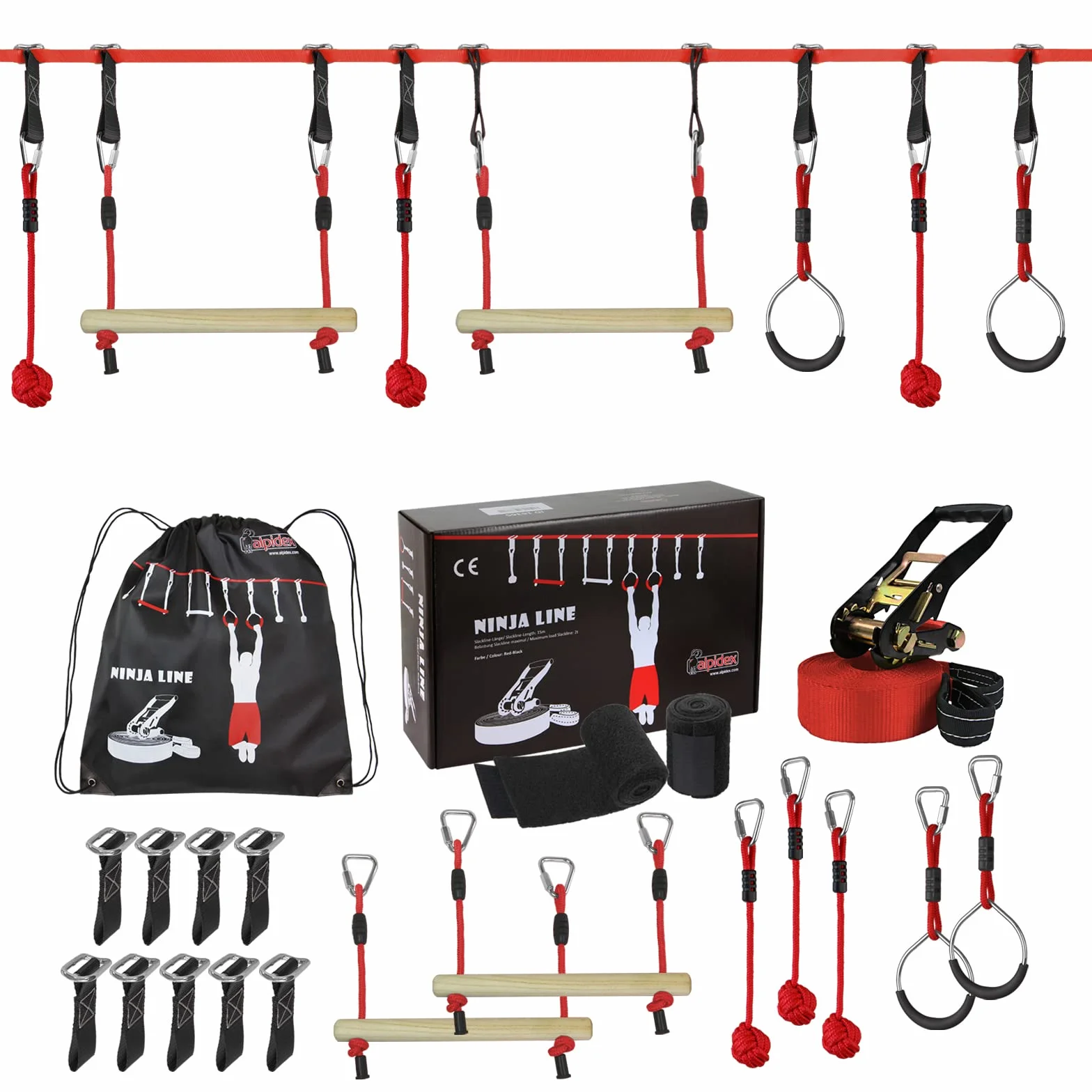 ALPIDEX Ninja Parcour Slackline Set 15 m Jeunes Adultes