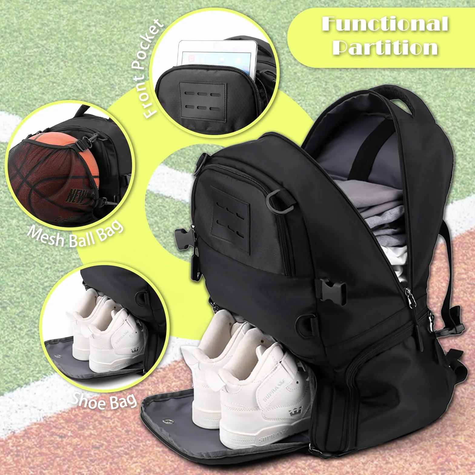 Sac à Dos de Basket-Ball 30L avec Compartiment Ballon et Chaussures Noir