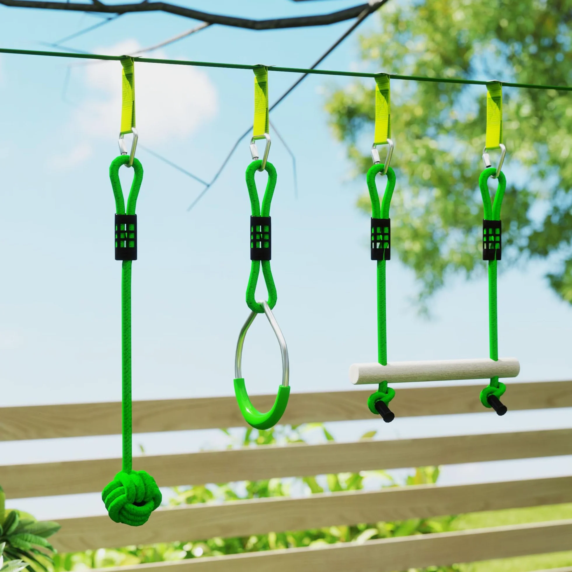 AIYAPLAY Parcours d'obstacles Ninja pour Enfants 10 m 50 kg Slackline Sac de Transport Bois de Sapin PP Vert