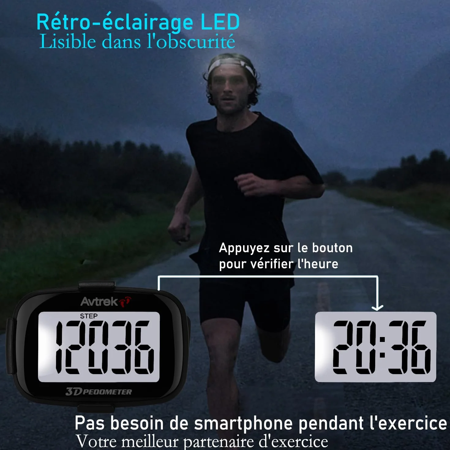 AVTREK Compteur de Pas 3D précis pour Marche écran géant podomètre numérique Course Affichage Temps rétroéclairage LED