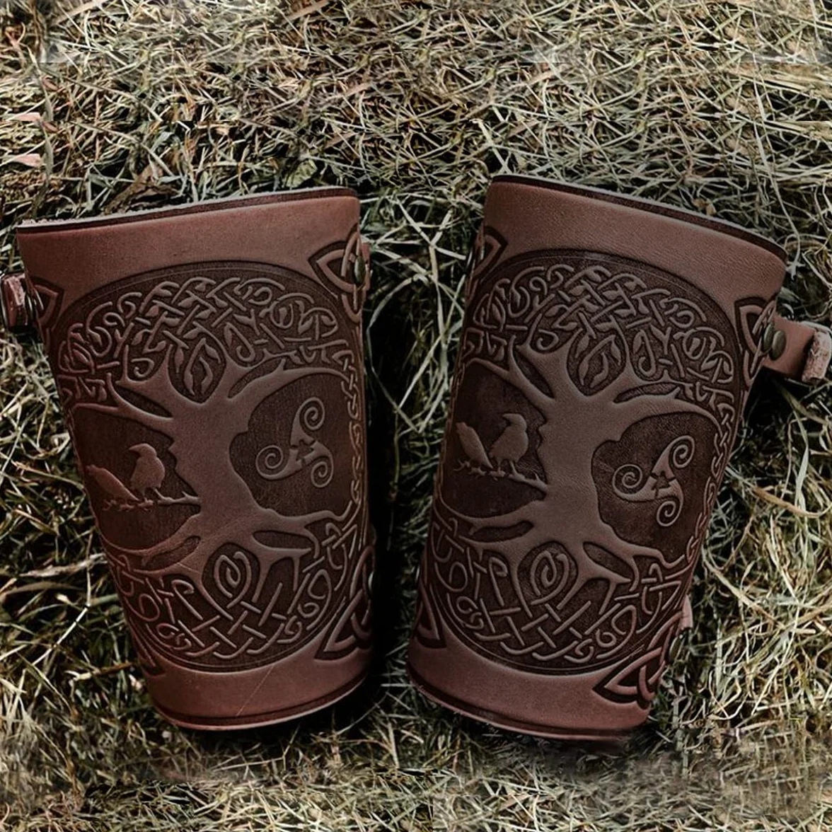 Brassards Viking en Cuir PU Gaufré Arbre du Monde, Garde-Poignet Médiéval Fait à la Main