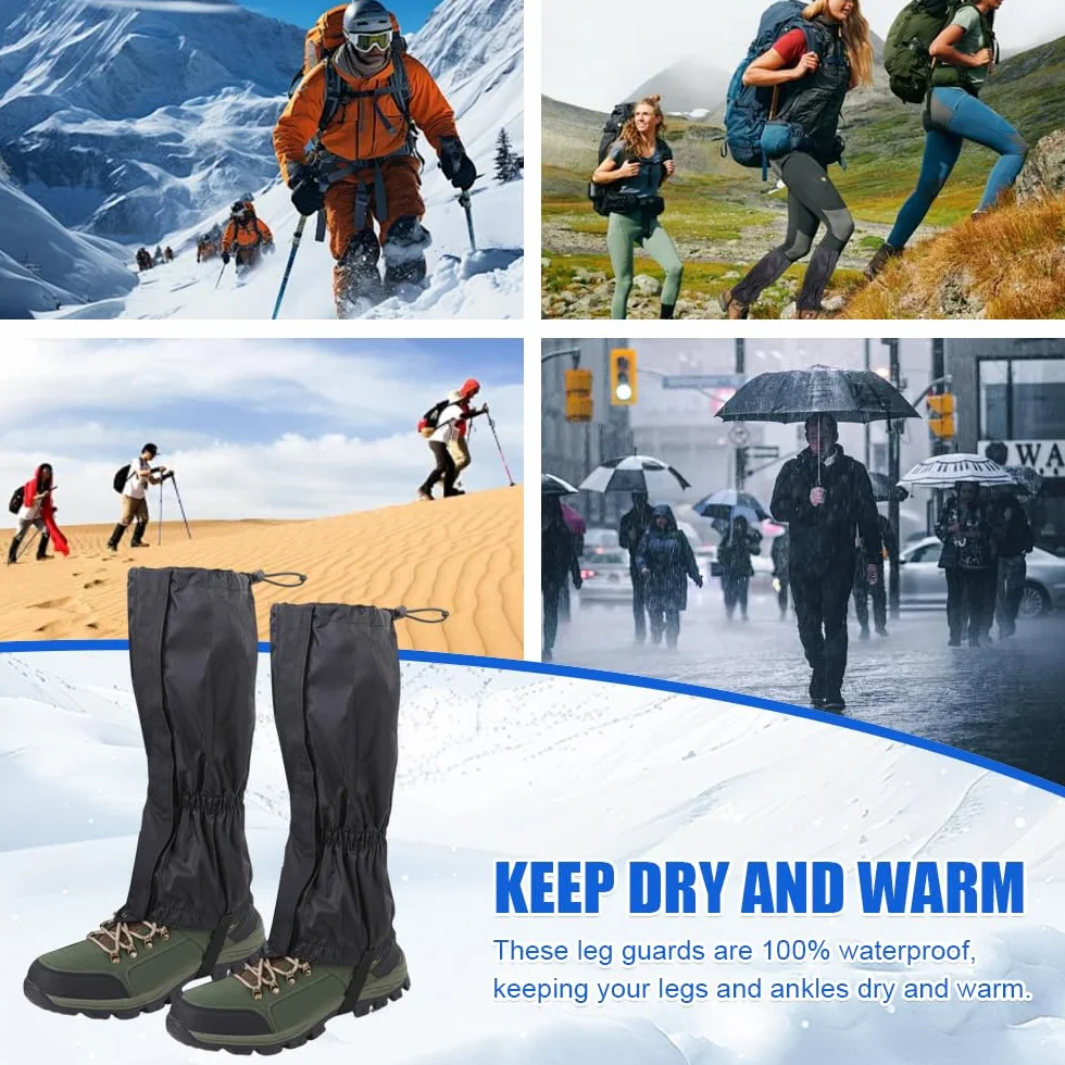 Guêtres de Randonnée Imperméables Homme Femme avec Fermeture et Sangles Réglables pour Escalade, Ski - Noir