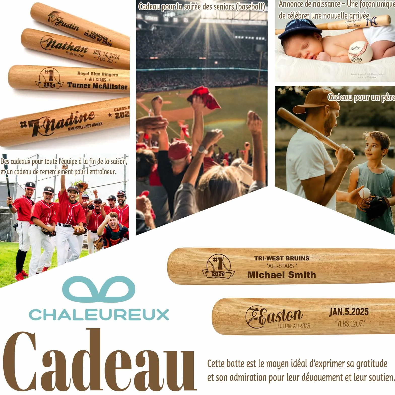 Mini Batte de Baseball Personnalisée 18 Pouces – Gravure Nom, Numéro & Logo, Petit Batte en Bois Cadeau Little League
