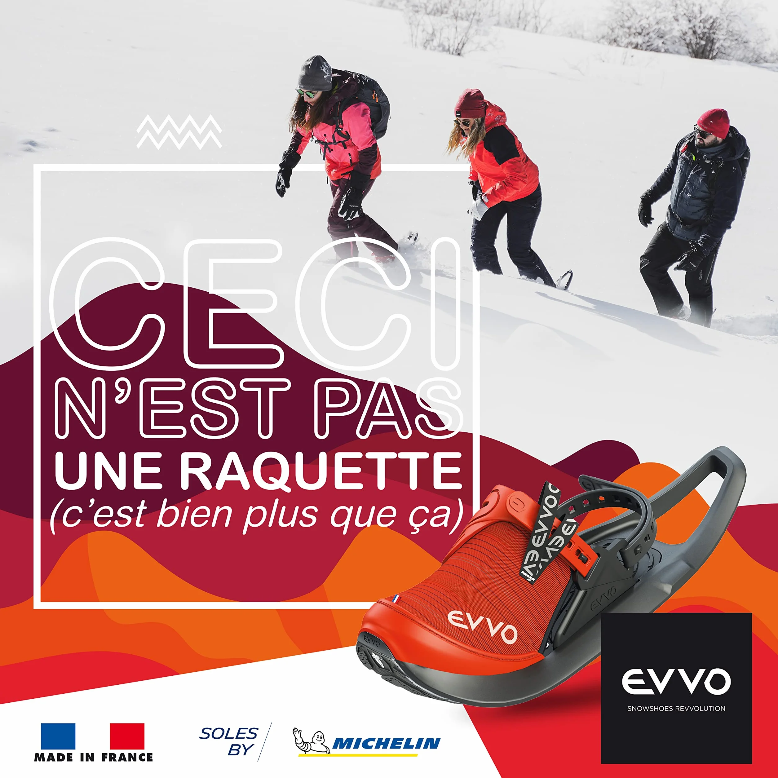 EVVO Raquette à Neige Originale Made in France Semelles Cloutées Michelin® Fixations Réglables Tout Terrain Randonnée