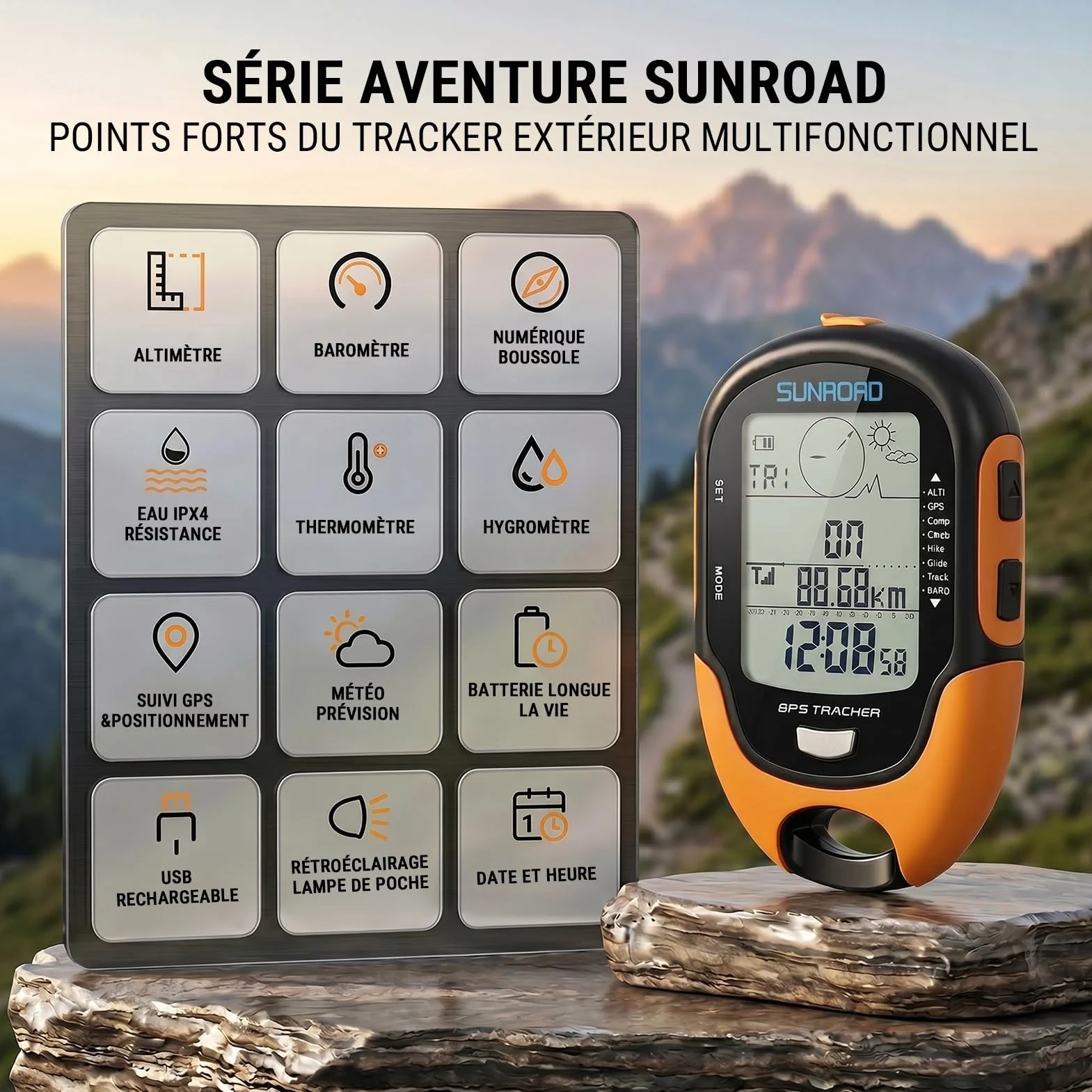 Altimètre Baromètre GPS Haute Précision IPX4 avec Boussole Thermomètre Hygromètre