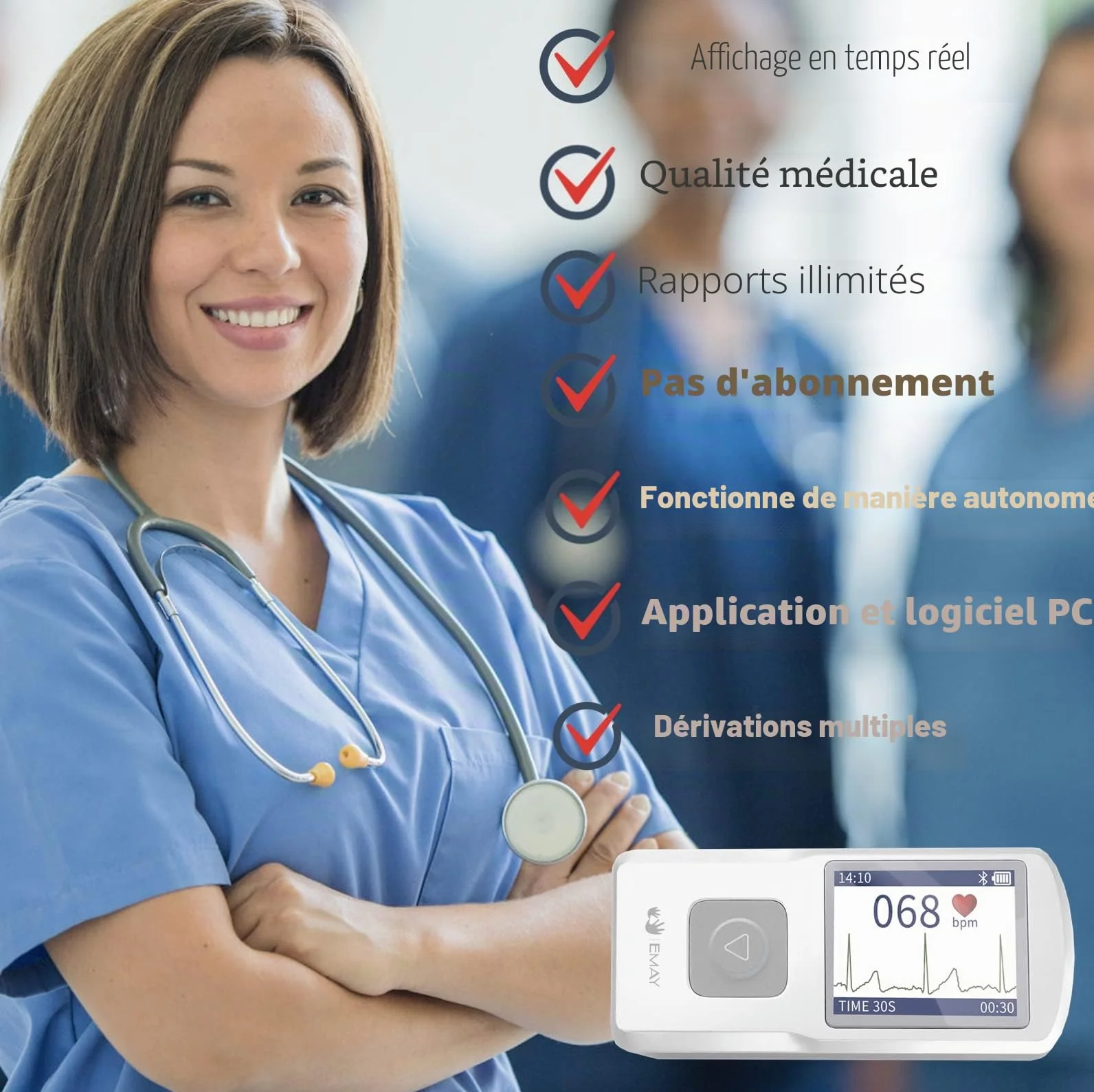 EMAY Bluetooth Moniteur ECG Portable EMG-20 sans Fil Mobile Electrocardiographe