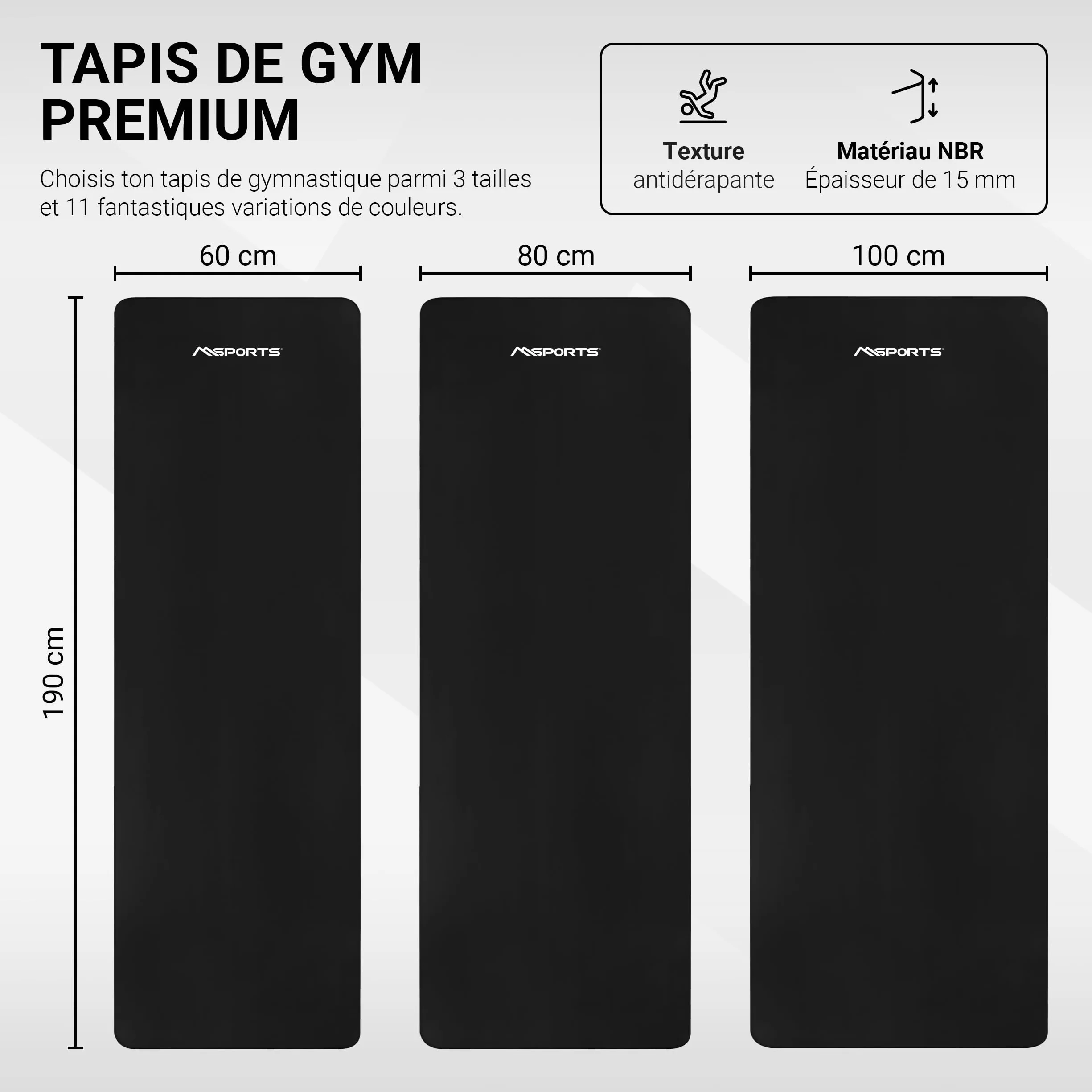 MSPORTS Tapis de Gymnastique Antidérapant pour Fitness Yoga Musculation 4 Tailles 12 Couleurs