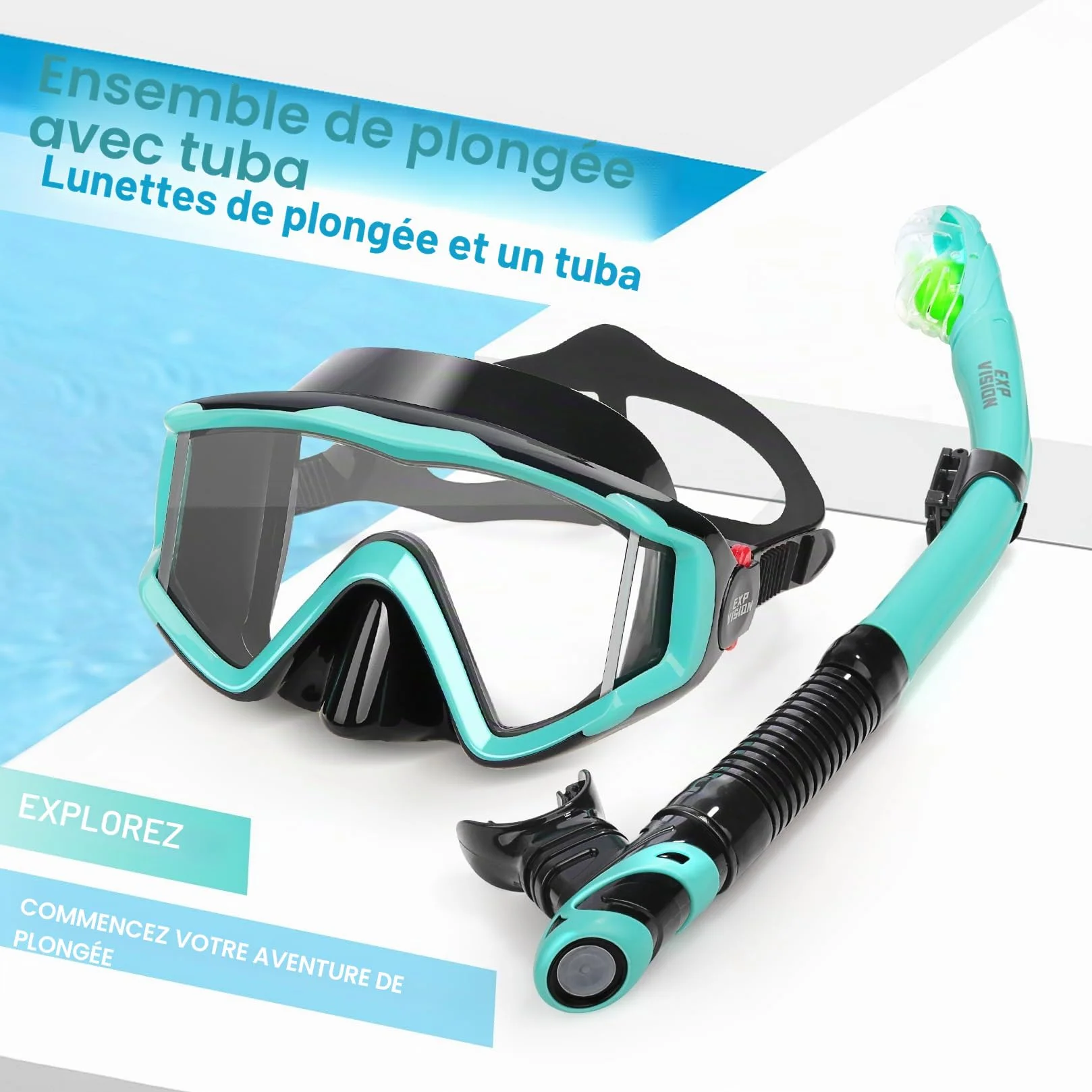 Masque de Plongée avec Tuba Sec, Pano à 3 Fenêtres, Antibuée pour Adultes