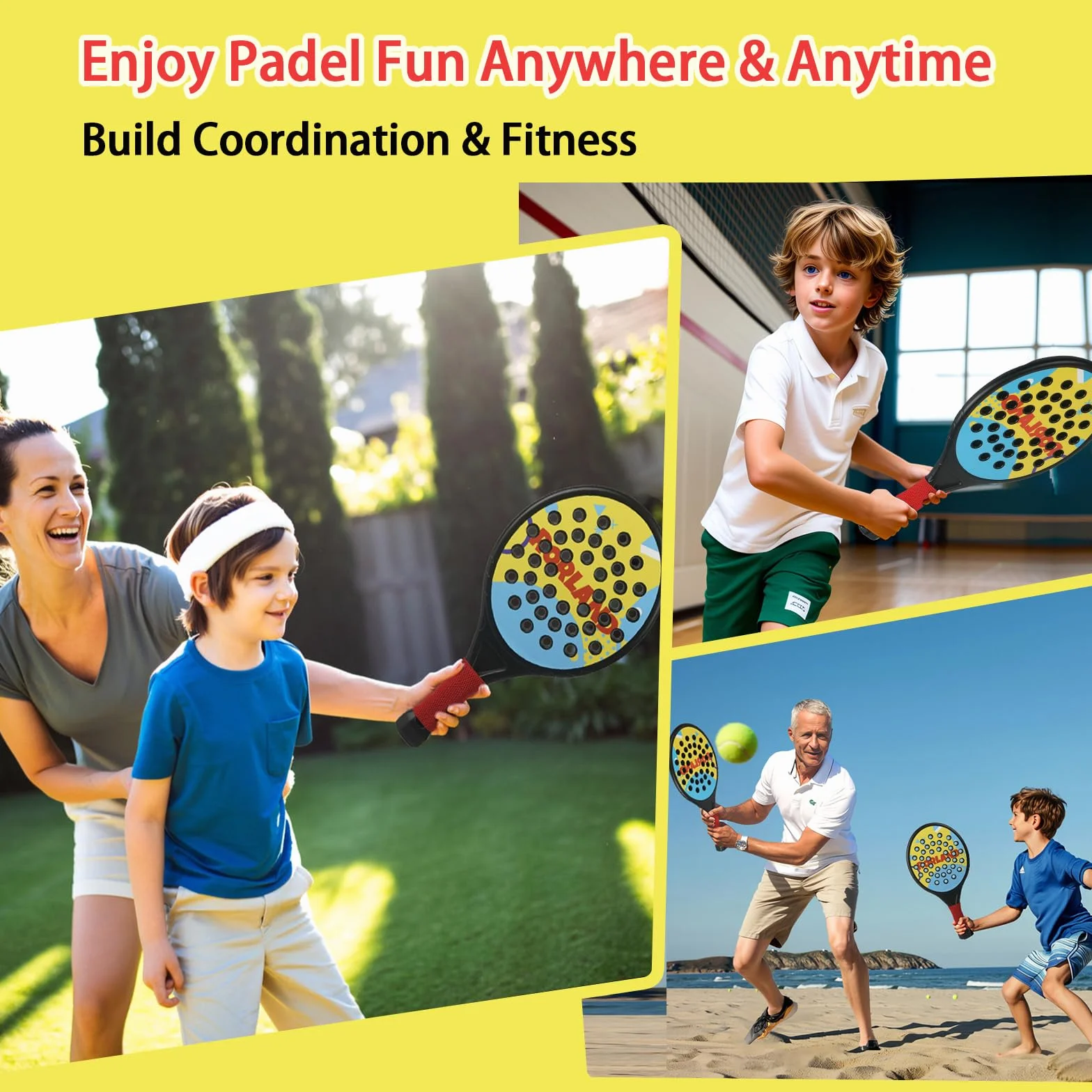 Smartwo Set de raquettes de padel pour enfants, raquettes légères débutants 6+ ans, 2 raquettes et 4 balles