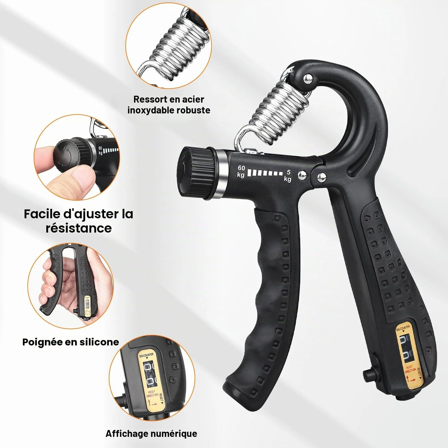 GRIFEMA GA5003 Hand Grip Musculation avec Compteur, Résistance Réglable 5-60kg, Noir