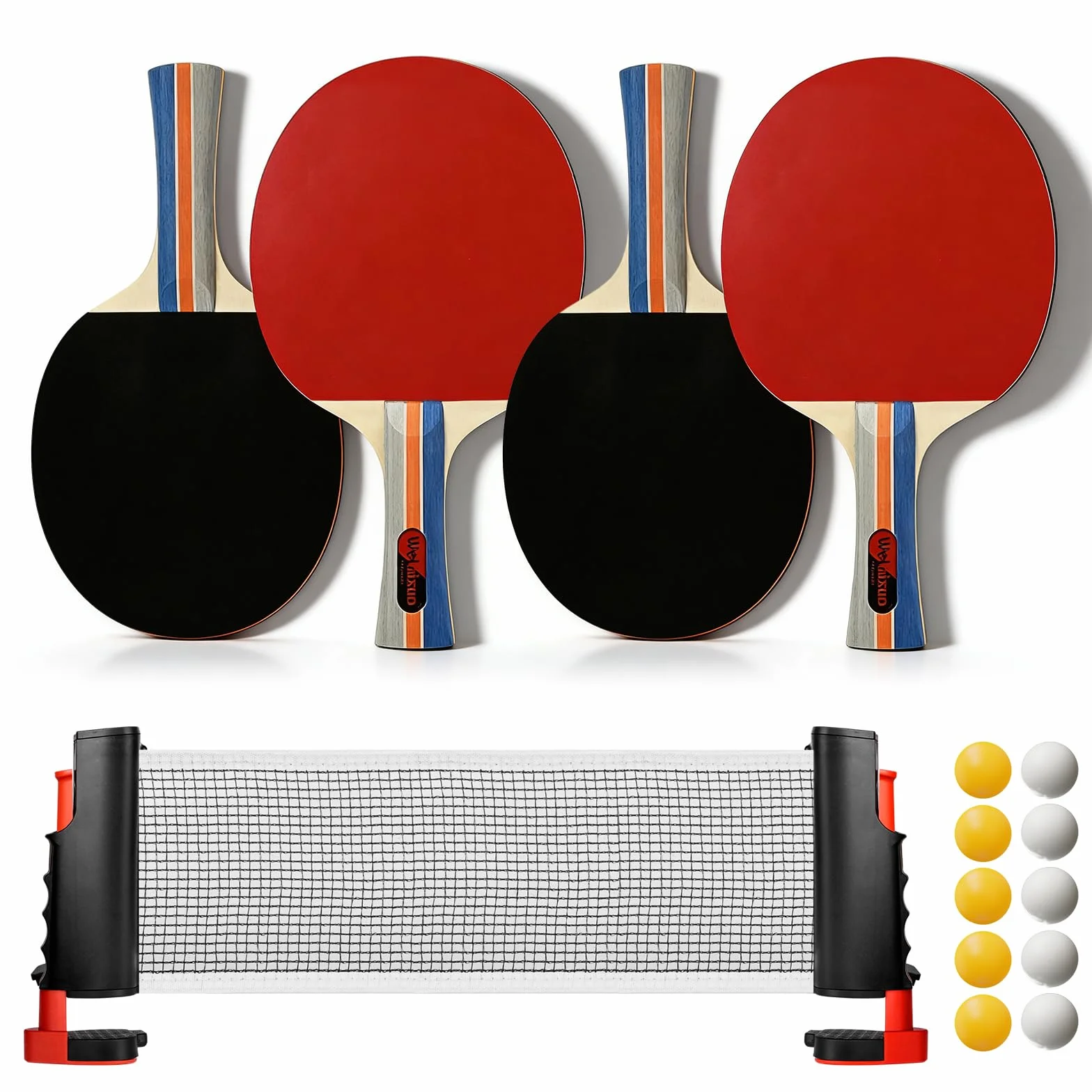 Set de Tennis de Table 4 Raquettes + 1 Filet Rétractable + 10 Balles + Sac de Transport Ping-Pong