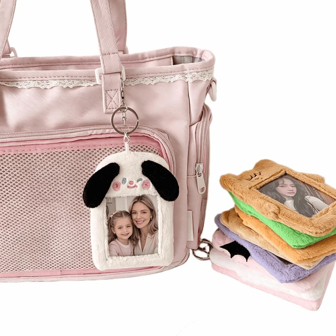 Porte-Photo Lapin Mignon avec Porte-Clés, Étui Protection Photocards Carte Bancaire, Décoration Sac à Dos