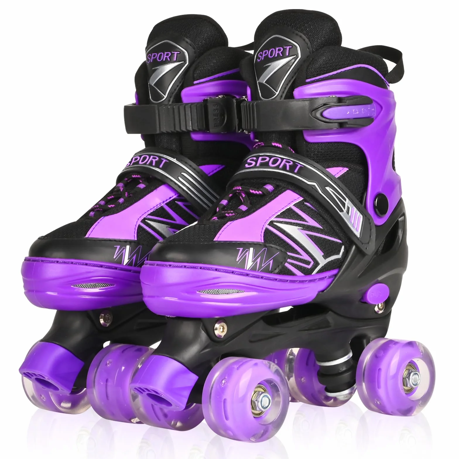 Patins à roulettes Enfants 4 Tailles réglables Roues Lumineuses Violet Blanc Quad Sport
