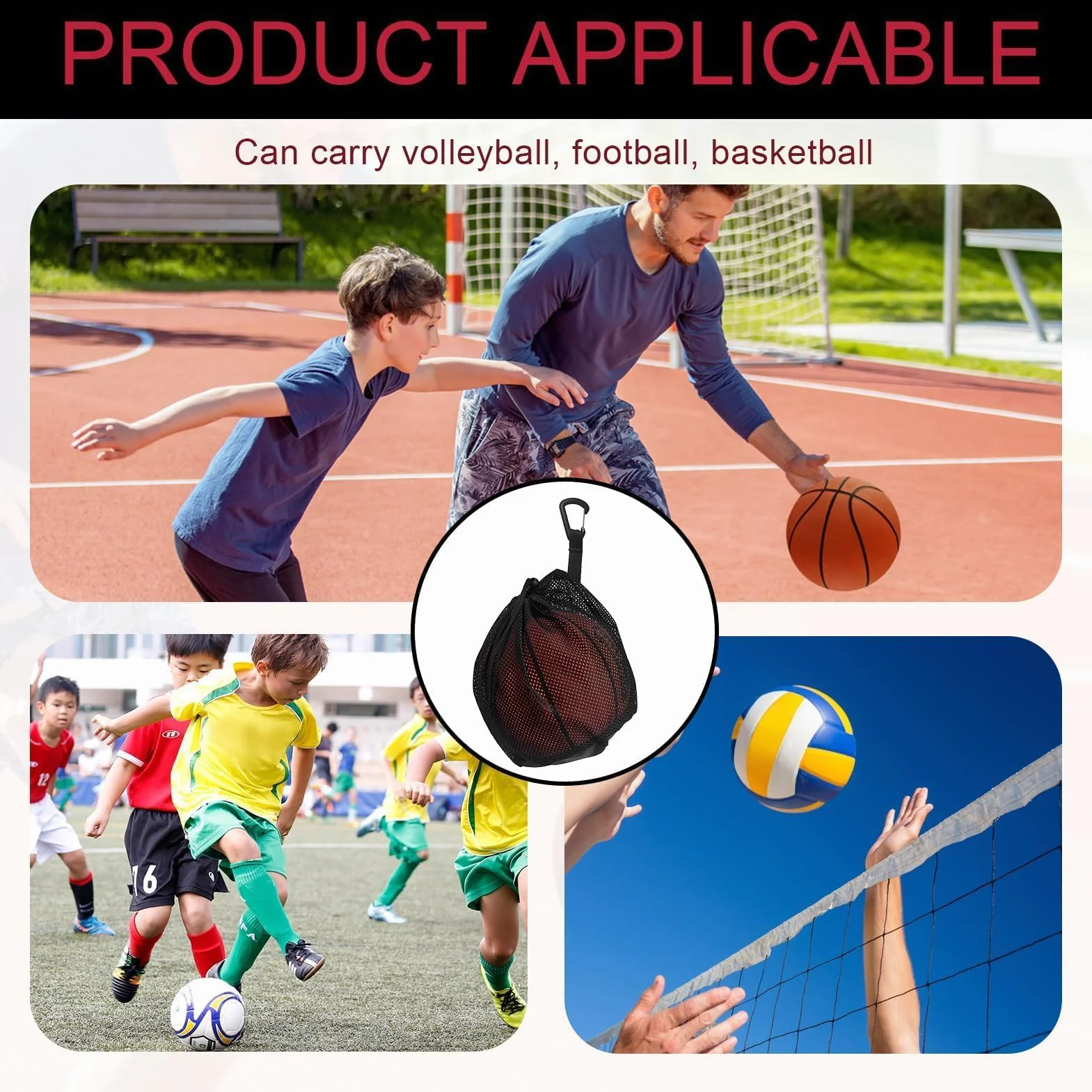 Sac à Ballon Portable avec Filet pour Basket-Ball, Football, Volleyball - Gris