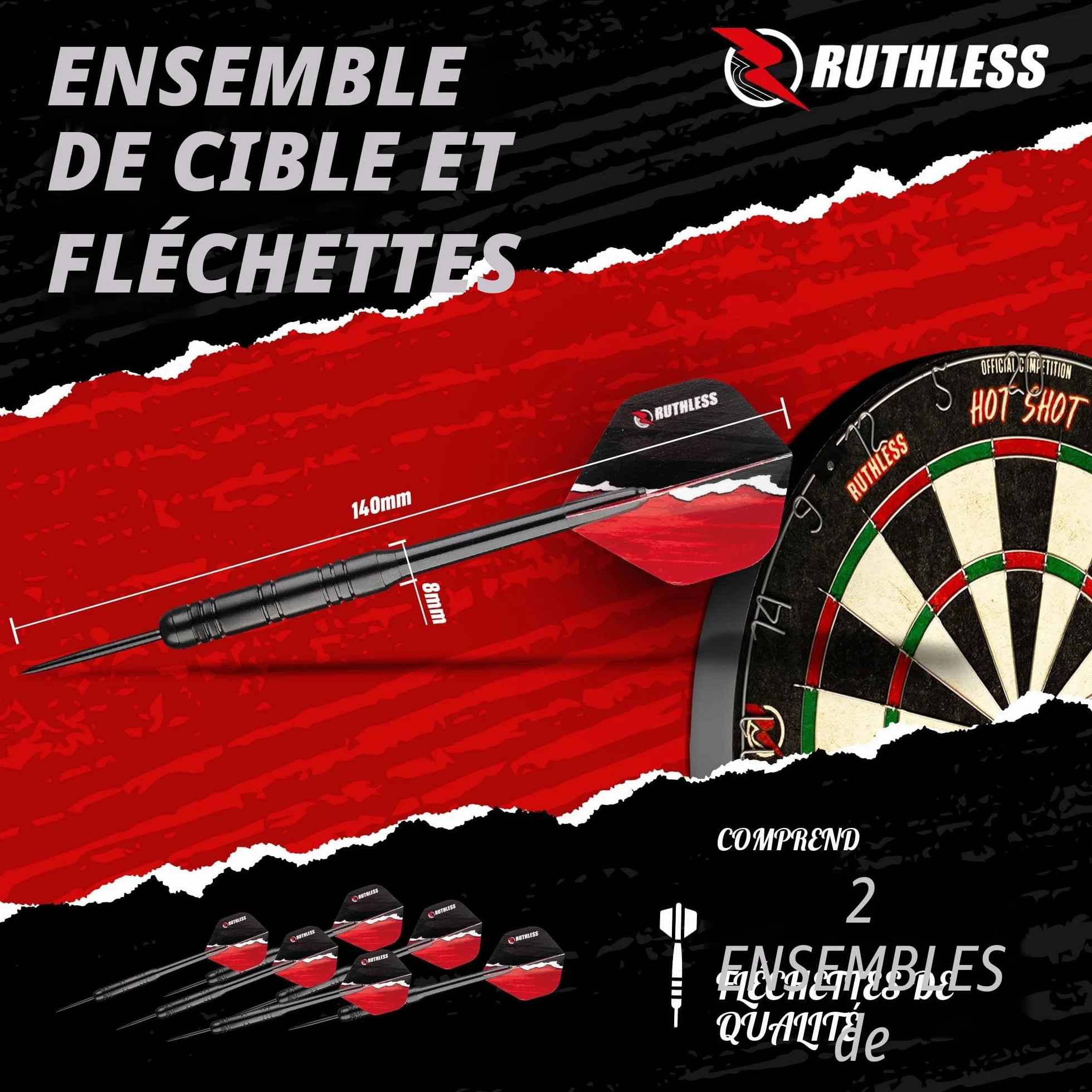 Cible de fléchettes avec armoire Ruthless Home Darts Centre CAB518 2 jeux de fléchettes