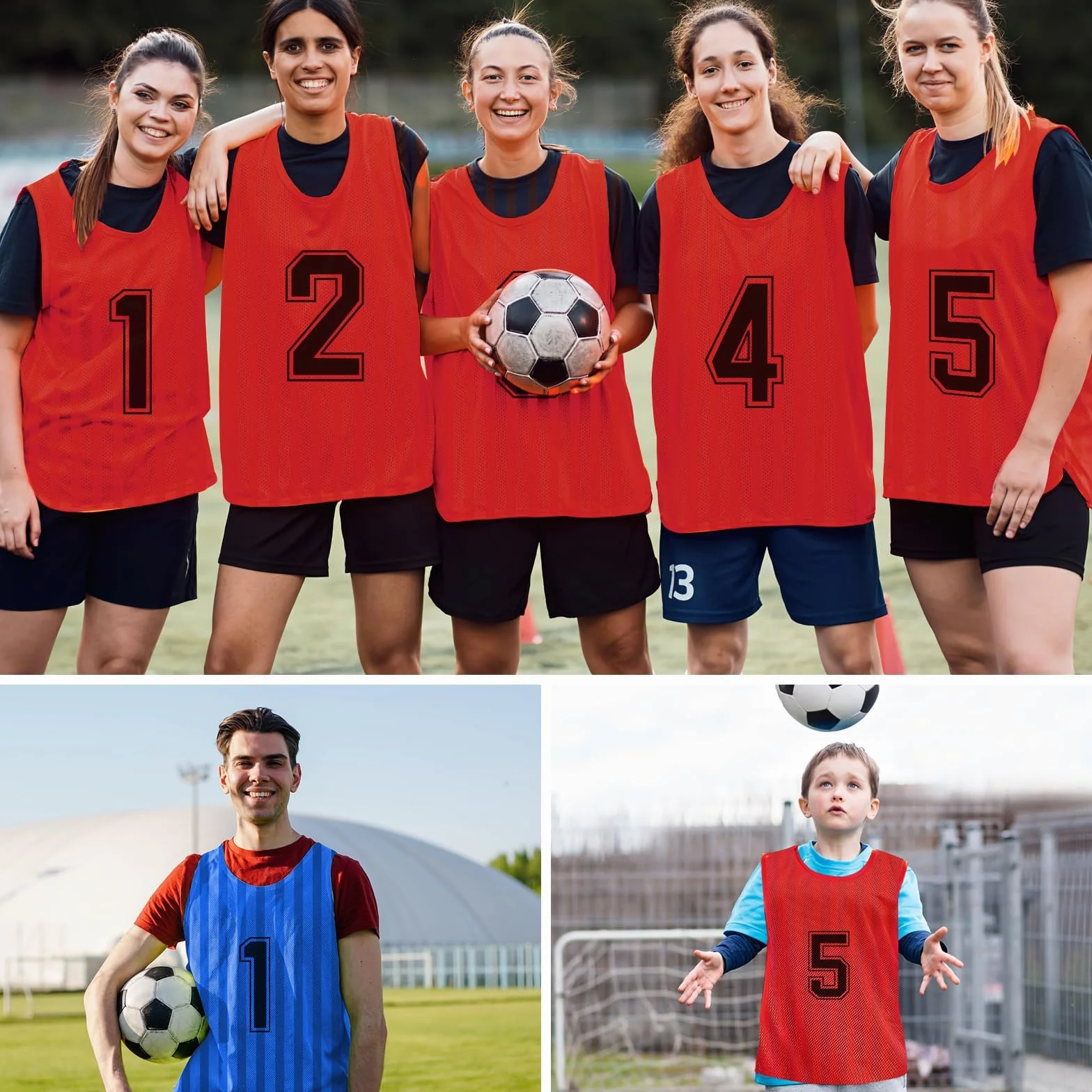 Lot de 24 dossards de football en maille pour enfants, gilet d'entraînement numéroté réversible, bleu et rouge, taille S