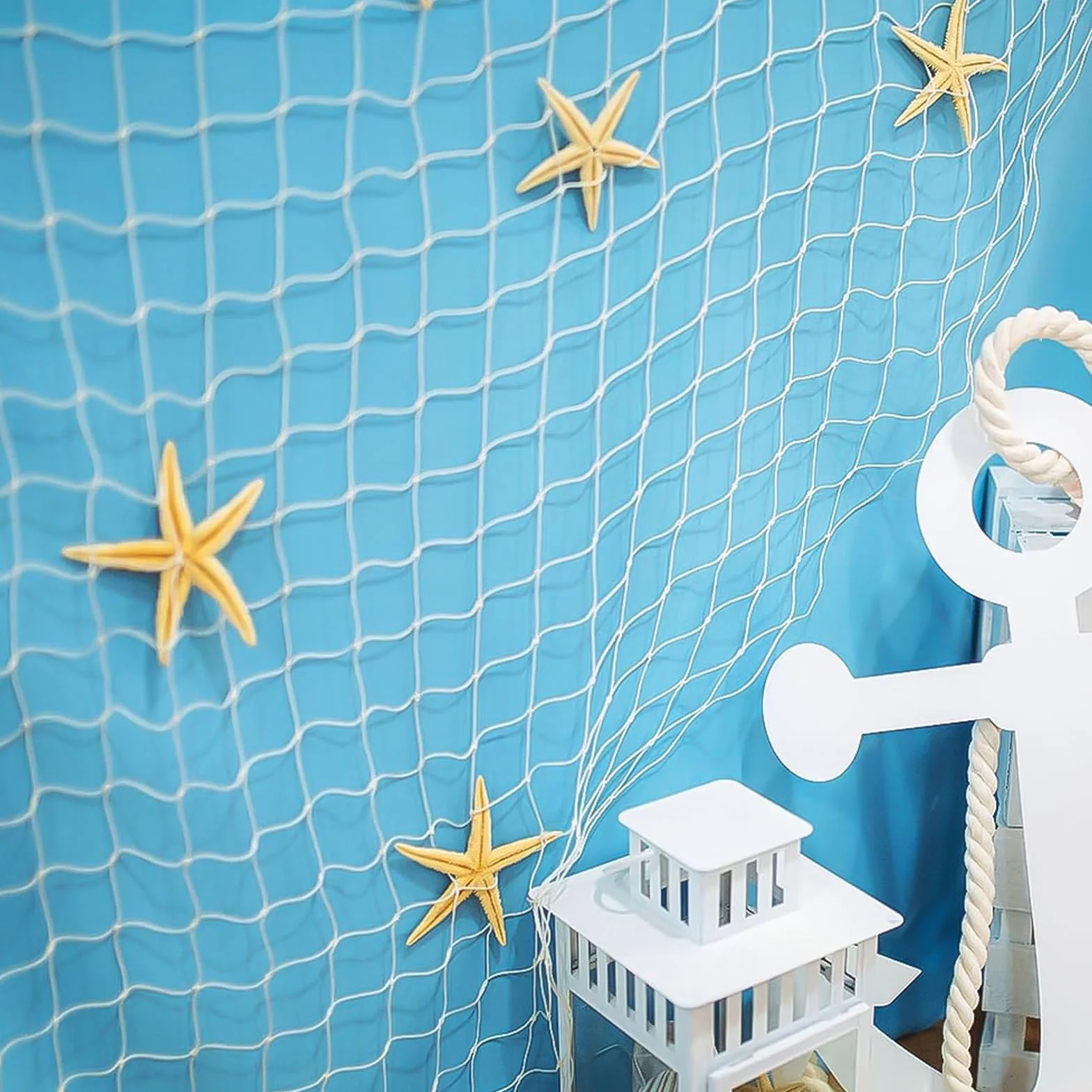 Filet de pêche décoratif 200 x 100 cm en coton naturel style méditerranéen nautique