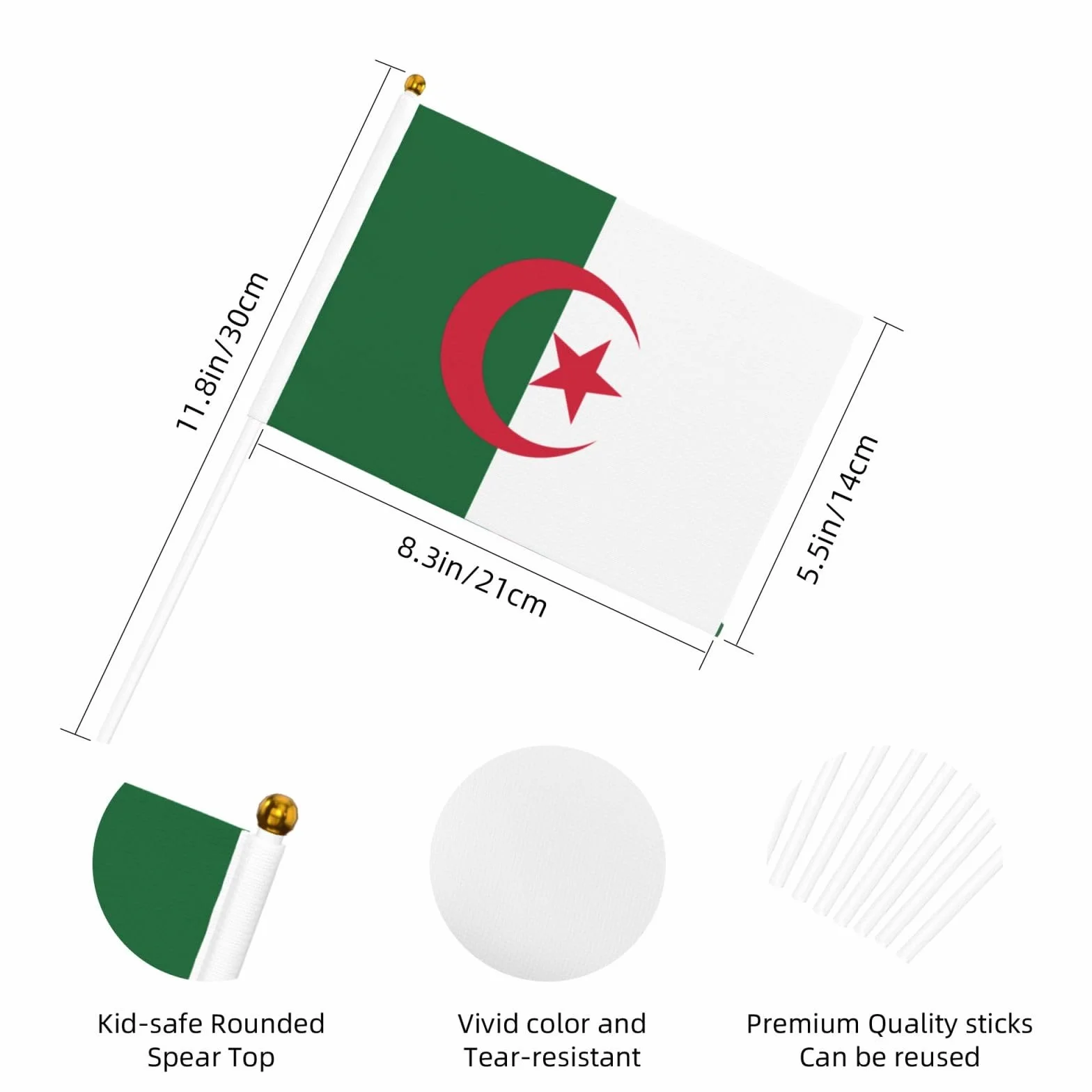 Lot de 10 mini drapeaux de l'Algérie à main sur bâton pour fête et défilés