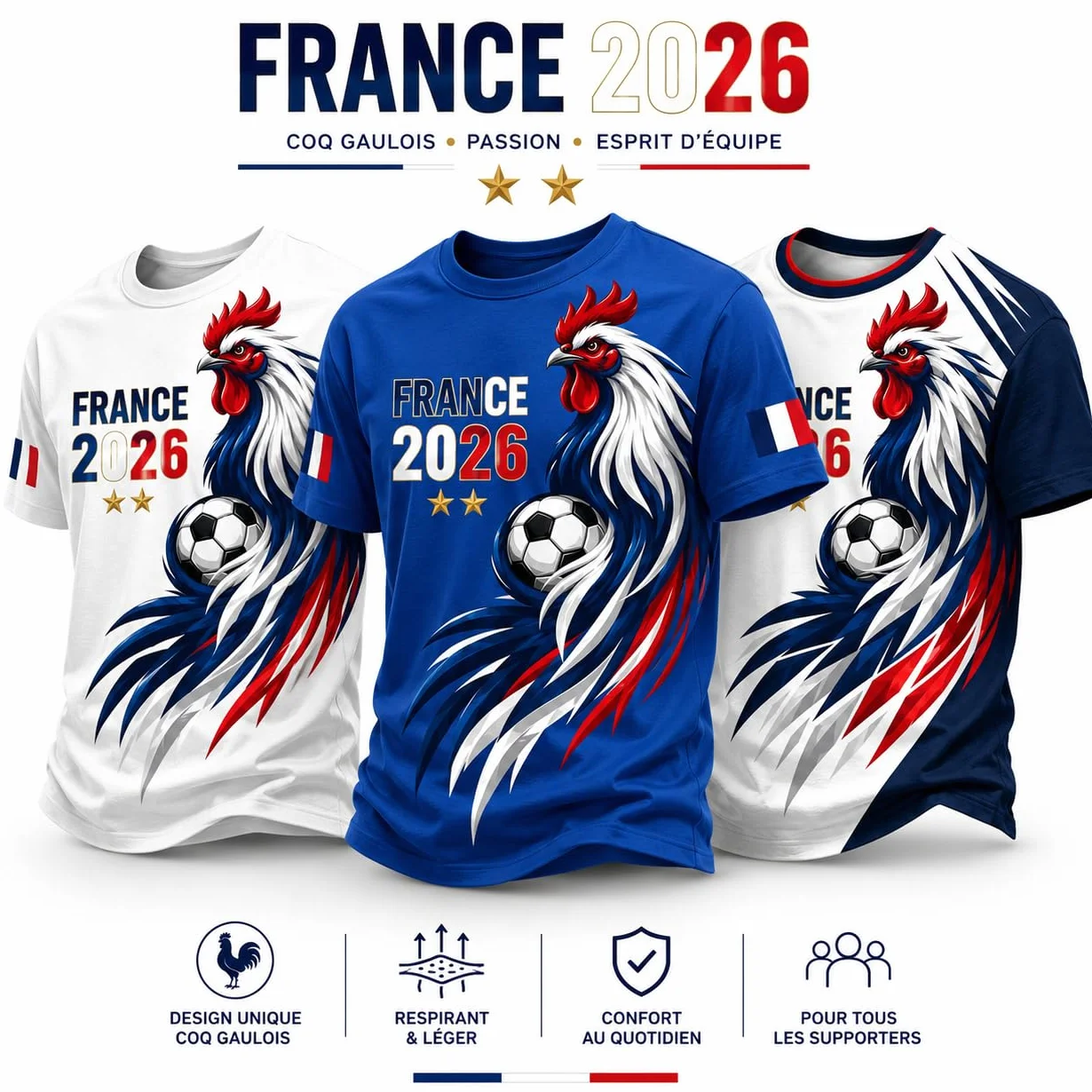 Maillot France 2026 Homme – Maillot de Foot France avec Coq Gaulois, Haut Décontracté Fan Respirant