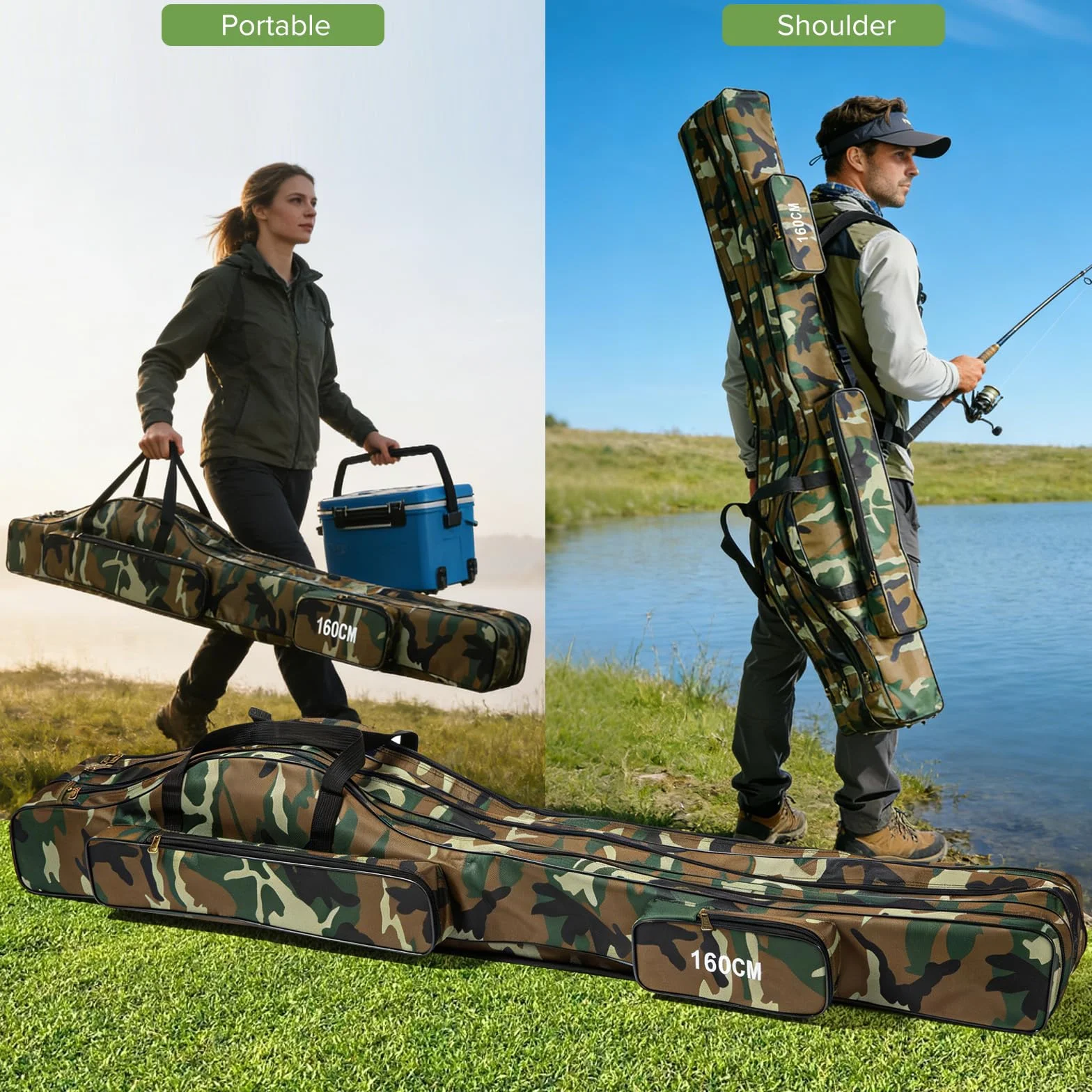 Housse de canne à pêche pliable 160cm 3 couches étanche avec organiseur de moulinets