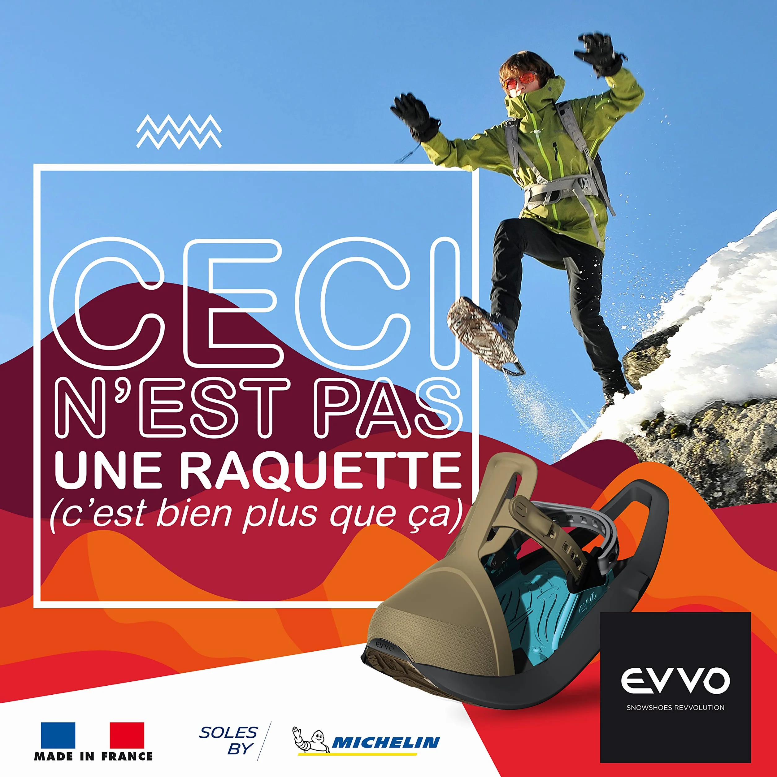 EVVO TOREE Raquette à Neige Made in France Semelles Biosourced90 Cloutées Michelin Fixations Réglables Homme Femme Sac Transport Inclus