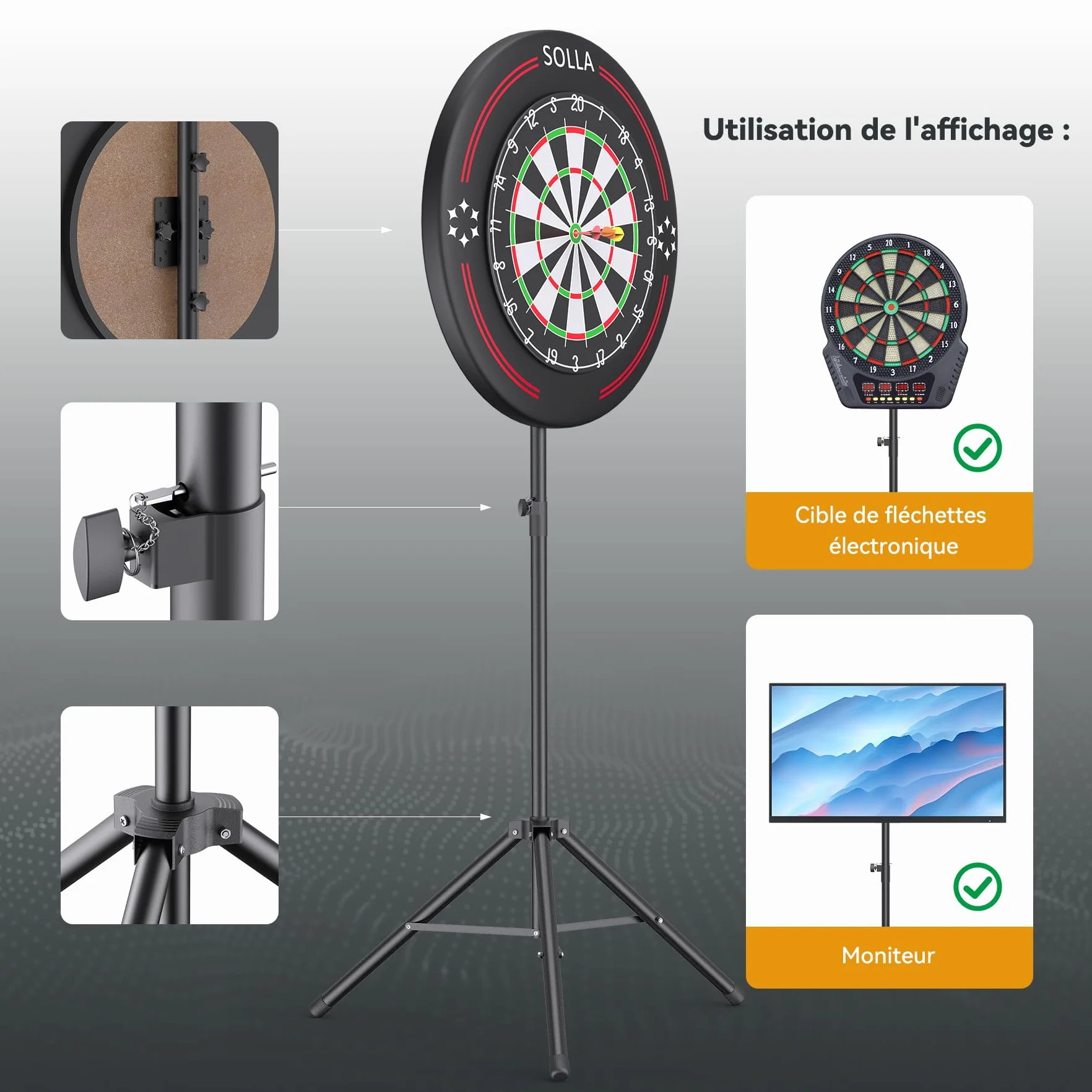 SOLLA Support Trépied Portable pour Cible de Fléchettes Sisal et Électroniques