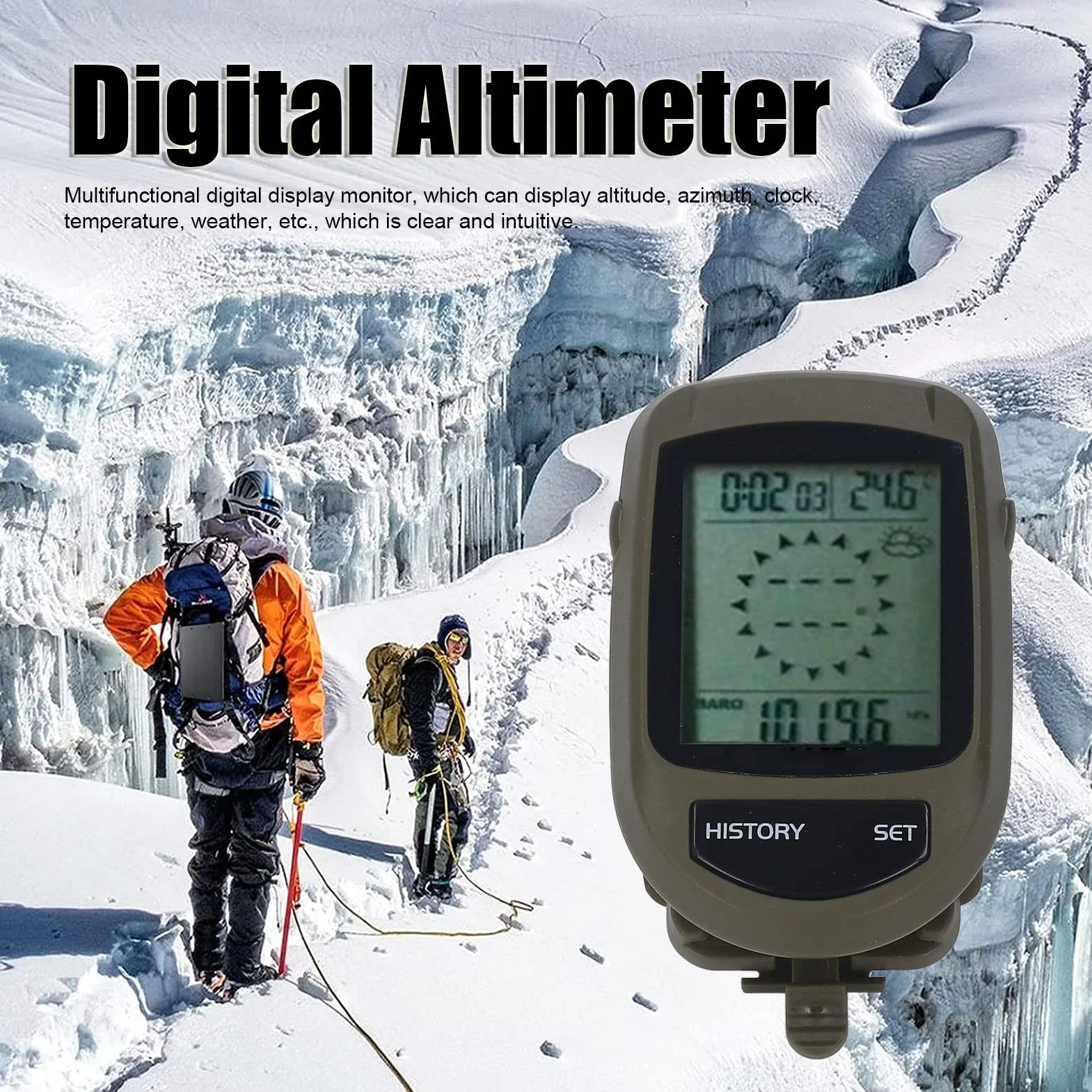 Baromètre Multifonction 8 en 1 LCD Affichage Numérique Altimètre Altitude Température Horloge Moniteur Météo