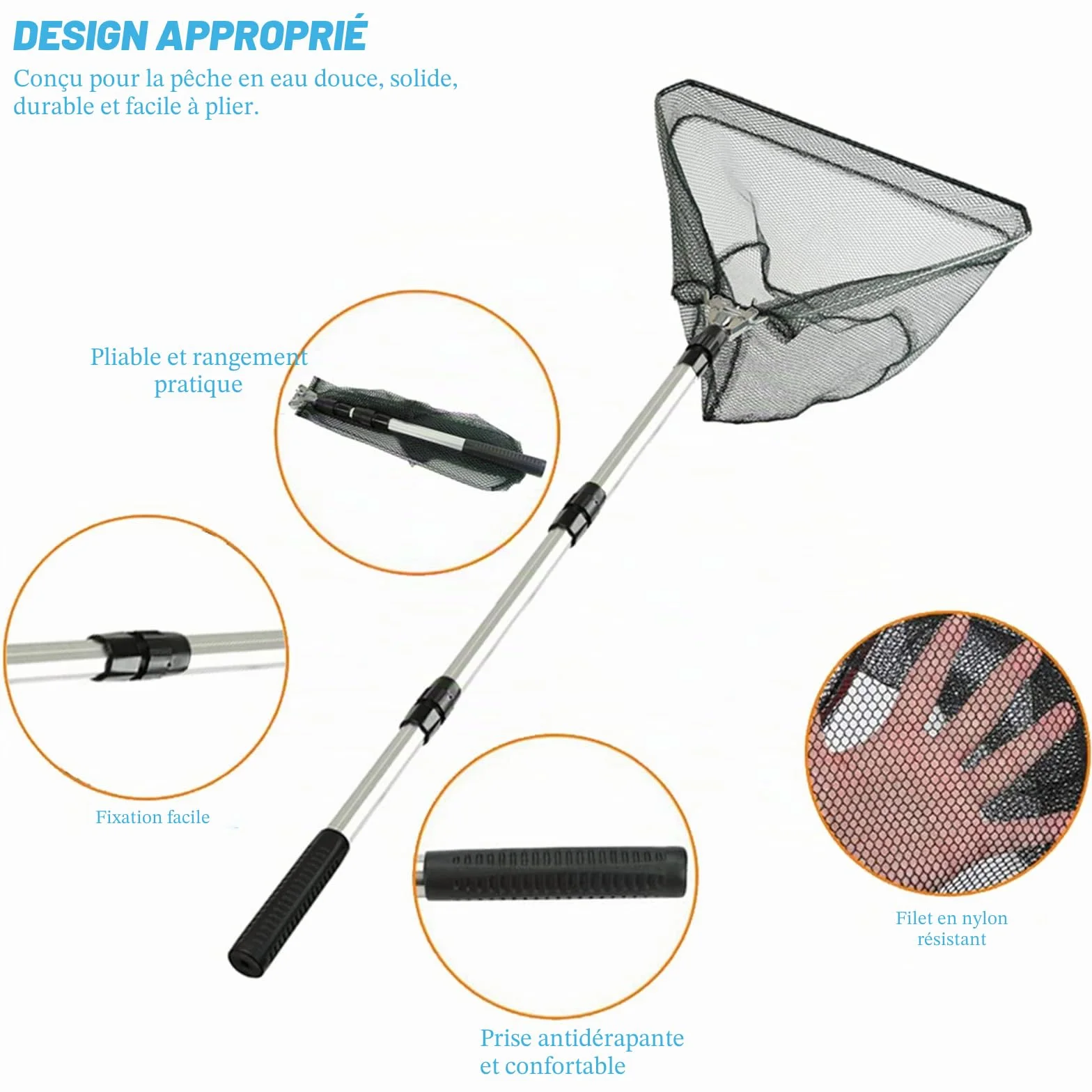 Épuisette de Pêche Pliable 190cm Manche Téléscopique Alliage Aluminium 4 Sections Filet Nylon Triangulaire Extensible 37-68 Pouces Carpe Truite