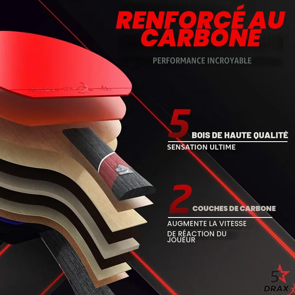 Raquette de Ping-Pong Carbone 5 Étoiles, Éponge 2mm, Légère et Rapide