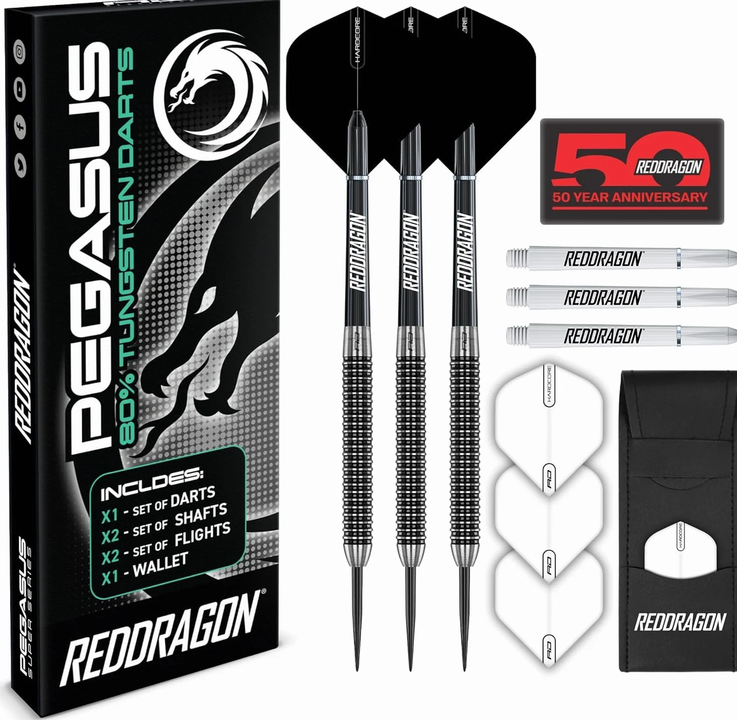 RED DRAGON Flechette Pointe Acier Pegasus 90% Tungstene 21-30g Hardcore Ailettes Nylon Tiges Moyen Portefeuille