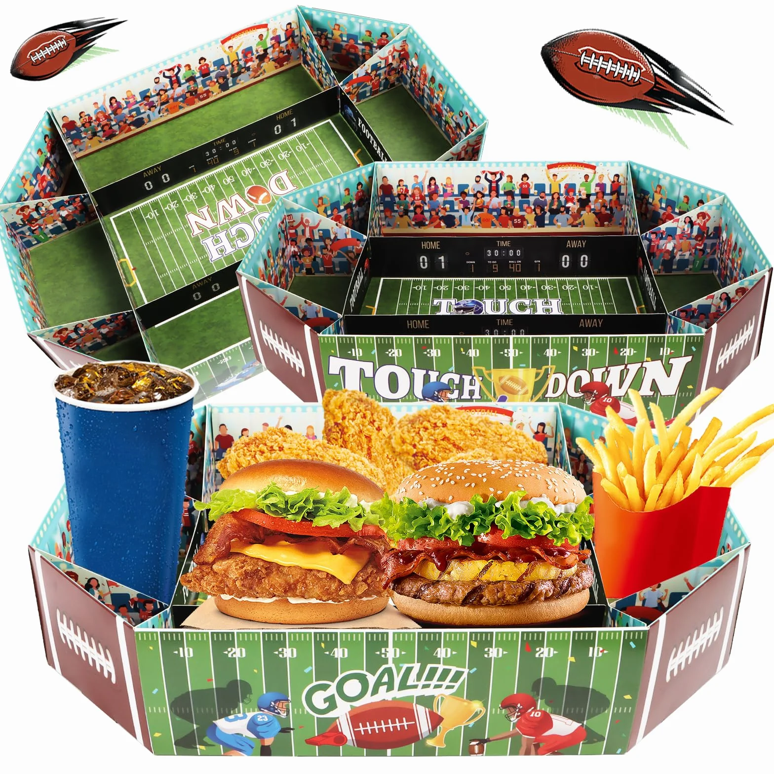 Lot de 3 Grands Stades de Collation de Football Américain - Plateau de Service en Papier - Super Snack Stade