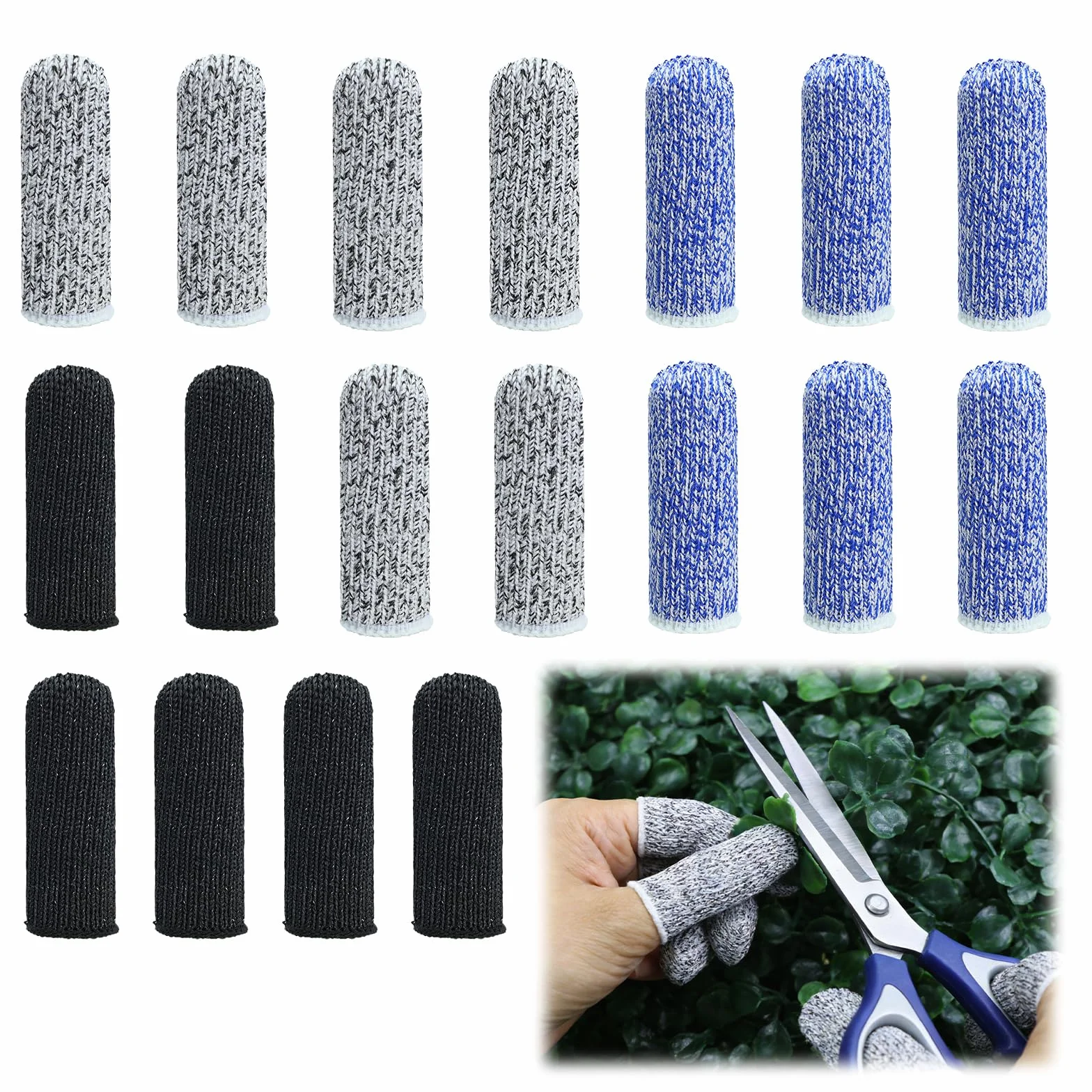 Protège-Doigts Anti-Coupure Réutilisable, 18 Pièces Doigtier Respirant Résistant Antidérapant pour Jardin Cuisine DIY (Noir, Bleu, Gris)