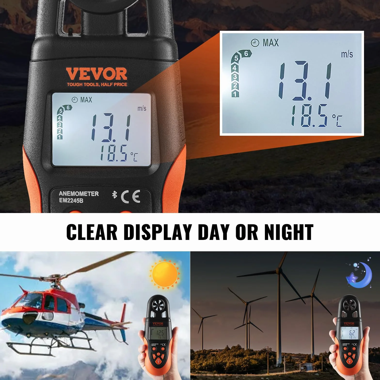 VEVOR Anémomètre Portable -10°C à 60°C Mesure Vitesse du Vent Numérique avec Écran Rétroéclairé LED