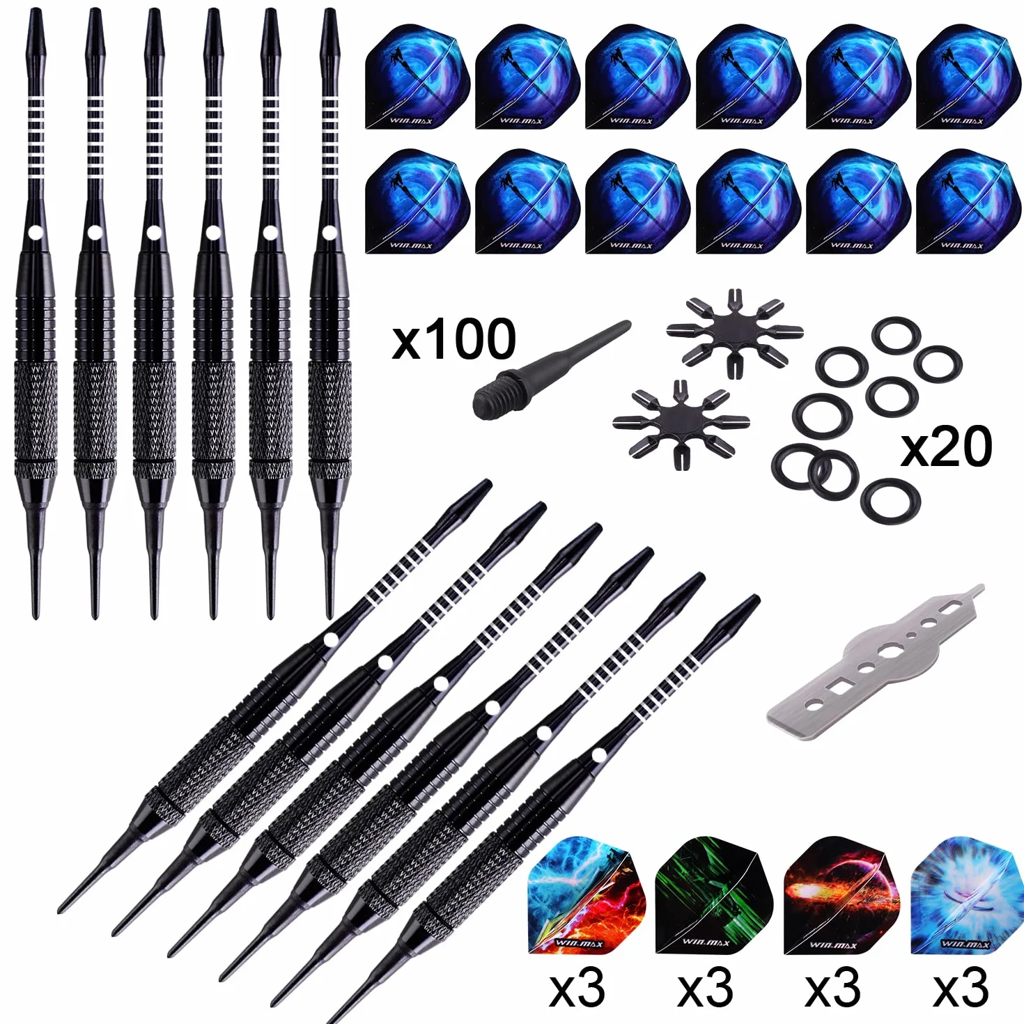 WIN.MAX Flechette Pointe Plastique 12 Fléchettes 24 Ailettes 100 Pointes Set pour Cible Electronique