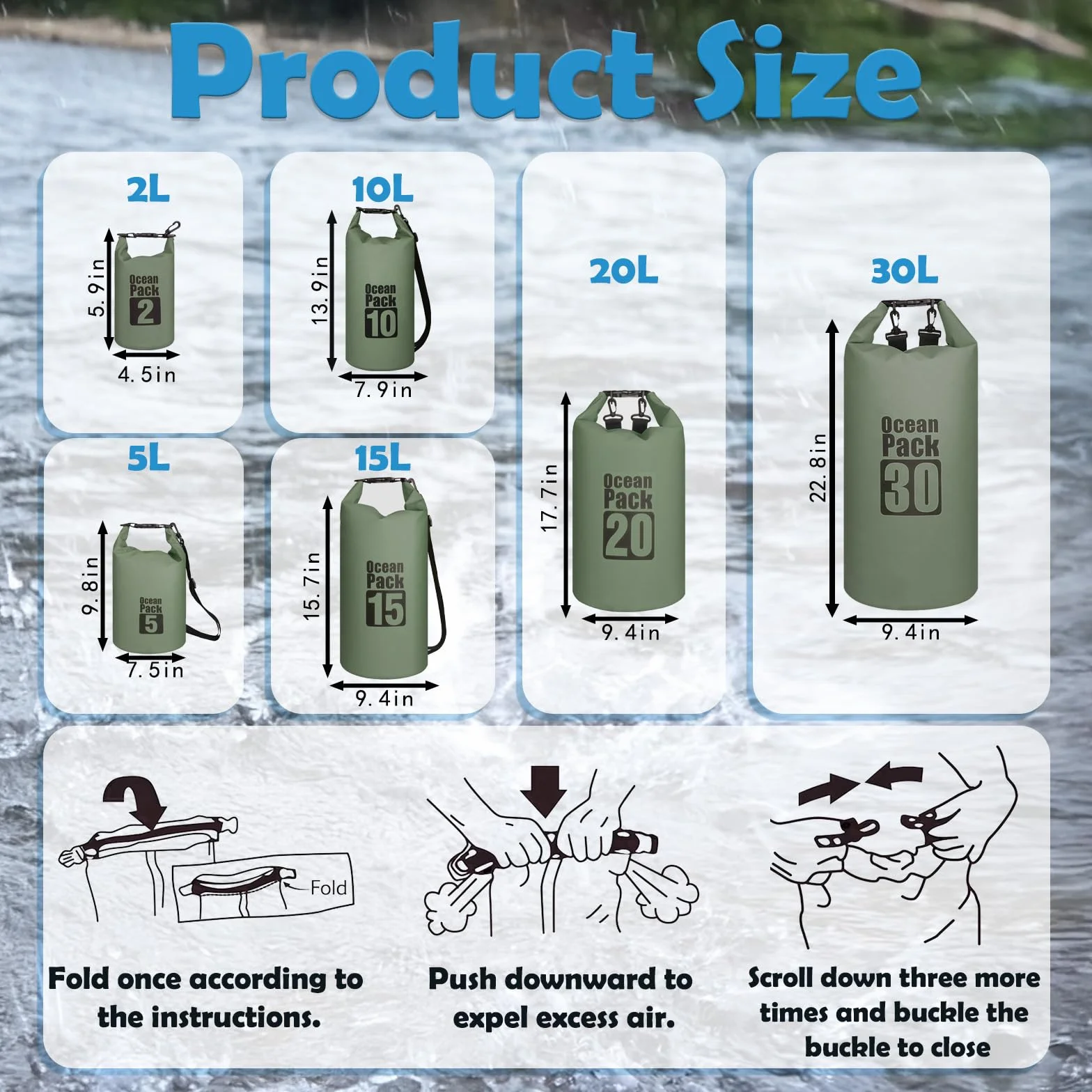 15L Sac étanche Polyvalent Vert Sauge, Waterproof Dry Bag avec Bandoulière Réglable pour Bateau Kayak Camping