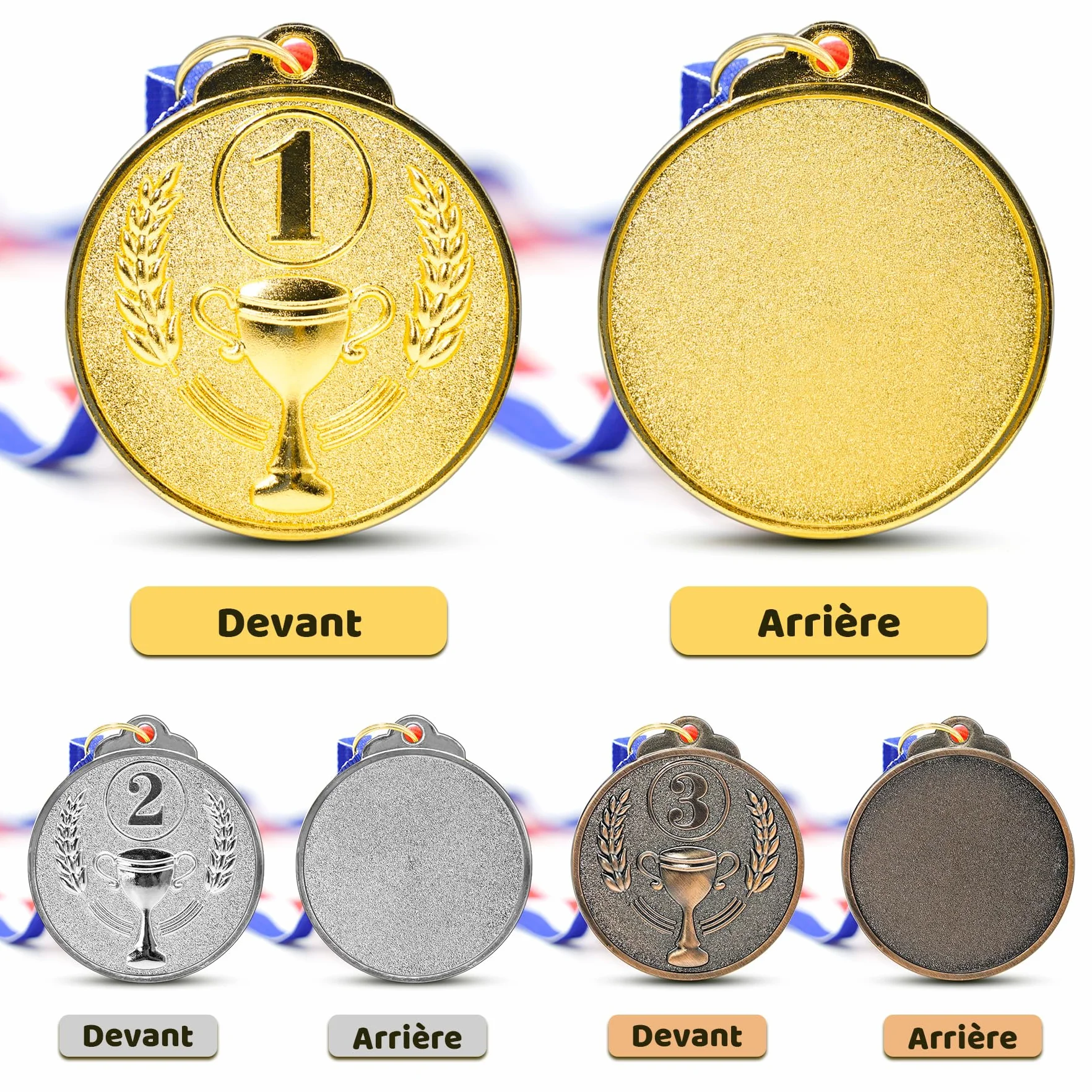 Brelet 36 pcs Medailles d'or Médaille d'argent Médaille de Bronze en Métal avec Rubans de Cou Medaille Foot Anniversaire Ski Travail Sport pour Recompense Sport Day Diamètre env. 5 cm