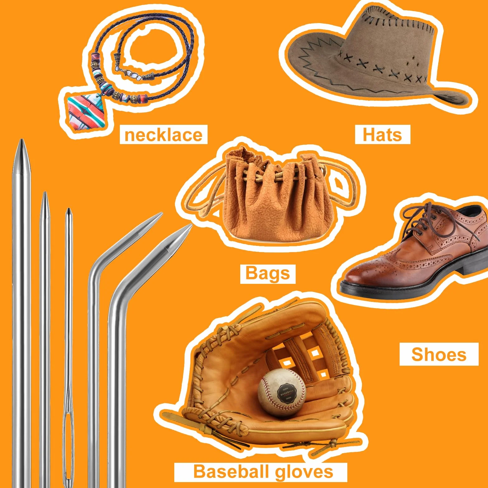 Aiguilles à lacets en cuir acier inoxydable pour réparation gant baseball softball - Lot de 5