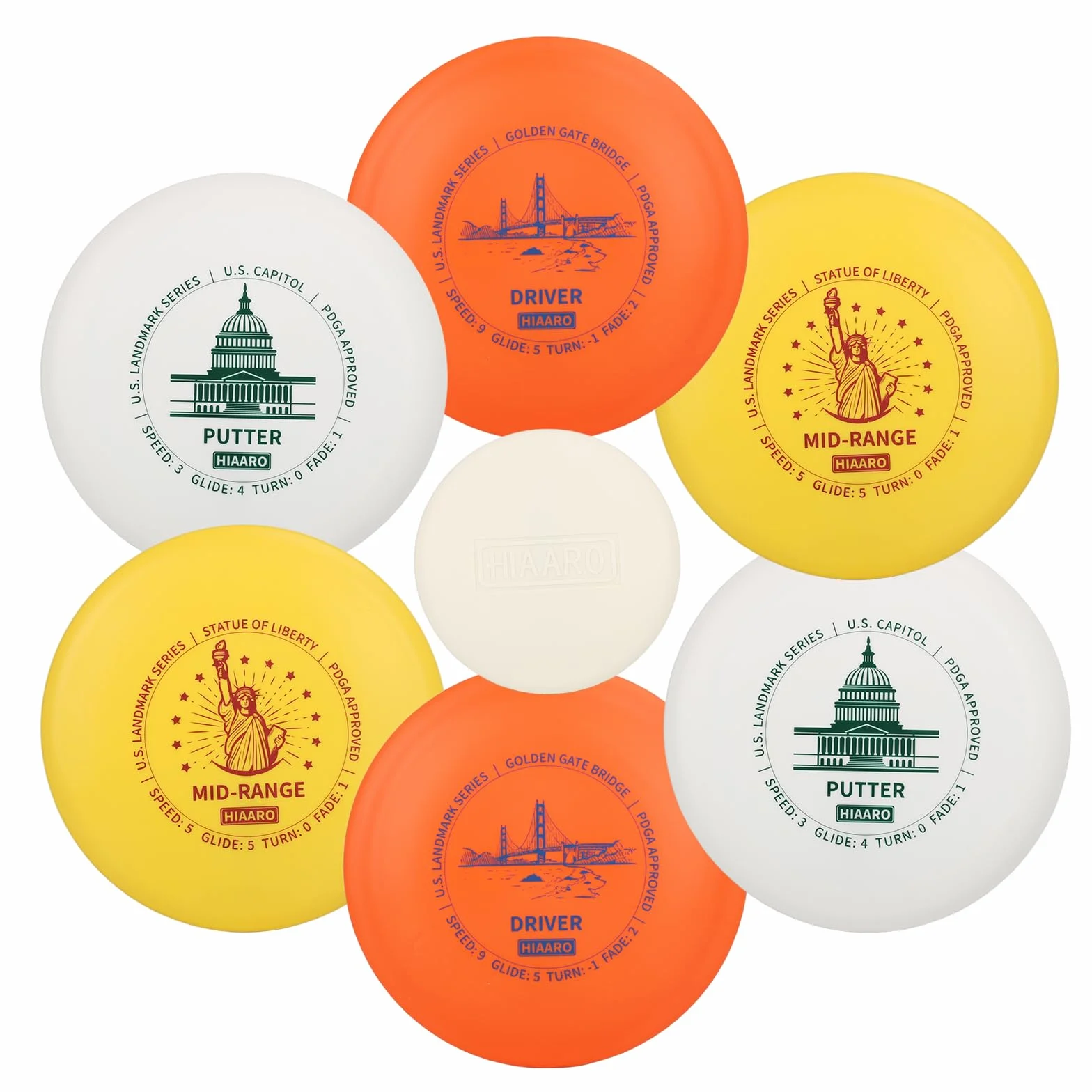Kit de Disc Golf PDGA Classe 150 145-150g Série U.S. Landmark 2Driver 2Mid-Range 2Putter 1Mini Marqueur