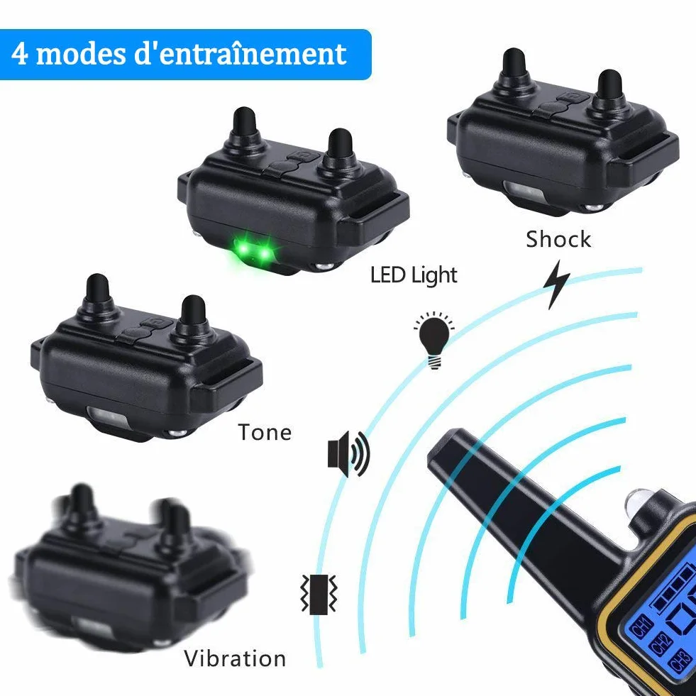 Collier de Dressage pour Chien avec Bip Vibration Choc, étanche Rechargeable, télécommande 800 mètres