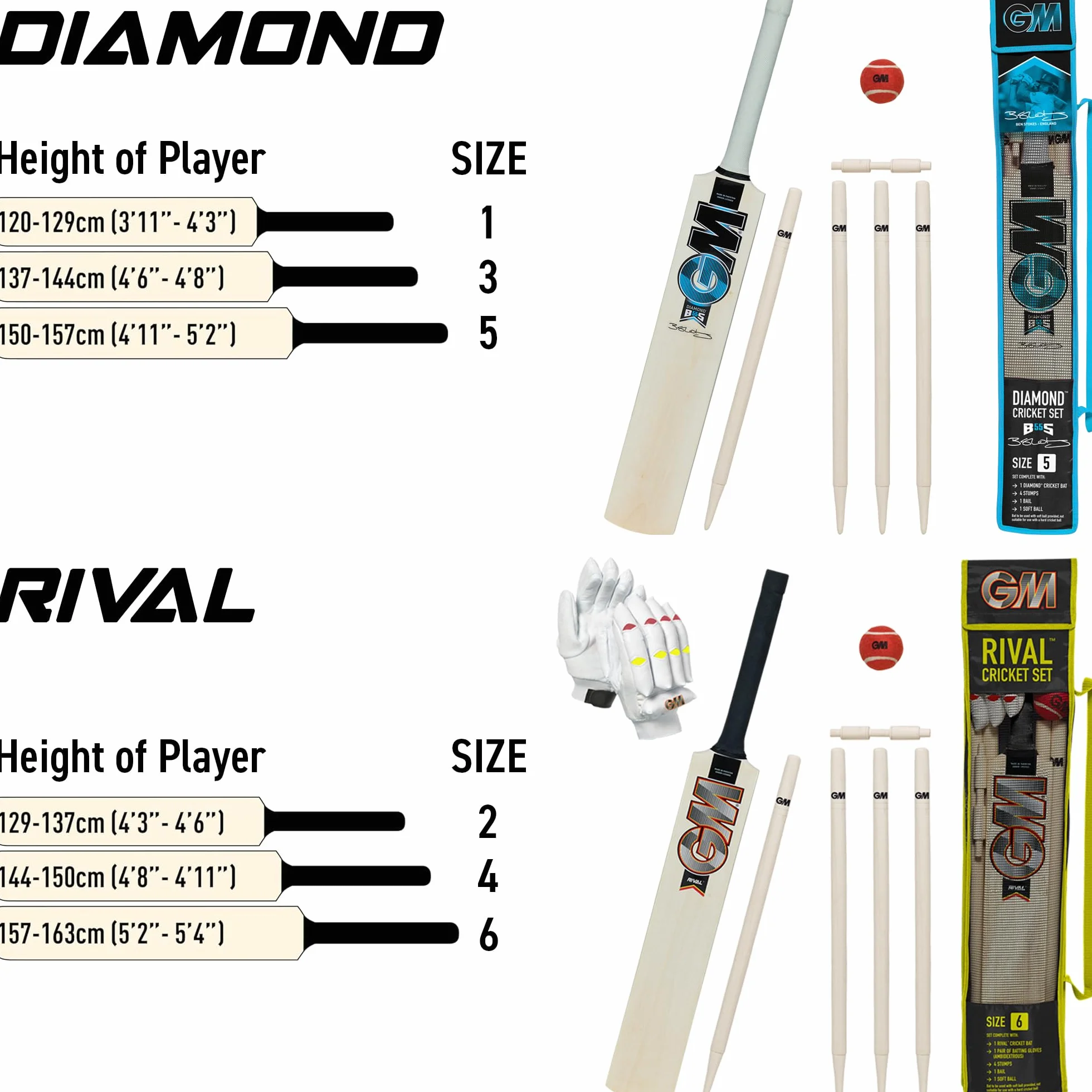 Ben Stokes Diamond Ensemble de Cricket en Bois approuvé Taille 1 120-129 cm