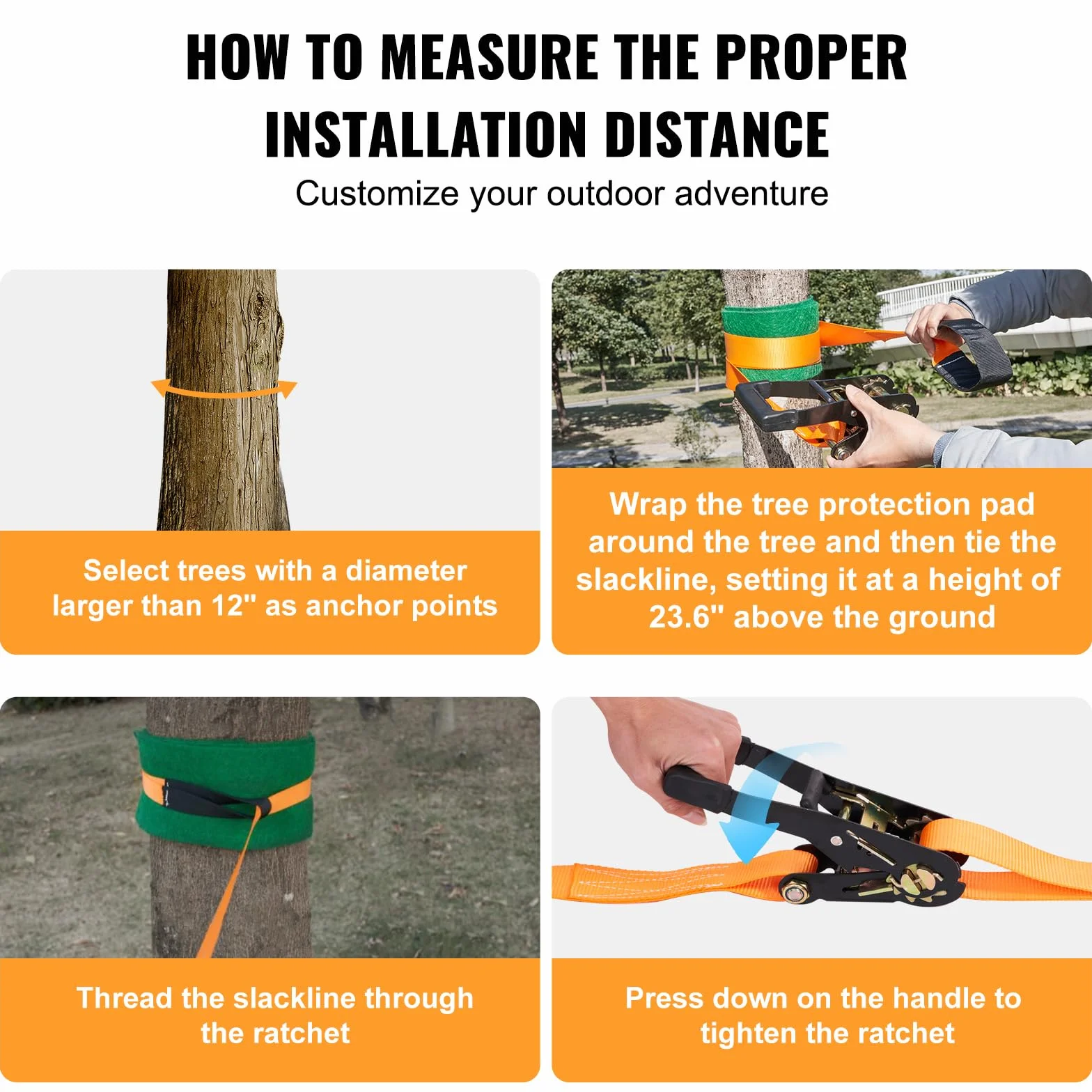 VEVOR Slackline 18,3 m Sangle d'Équilibre 226,8 kg Jeu Complet avec Protecteur d'Arbres