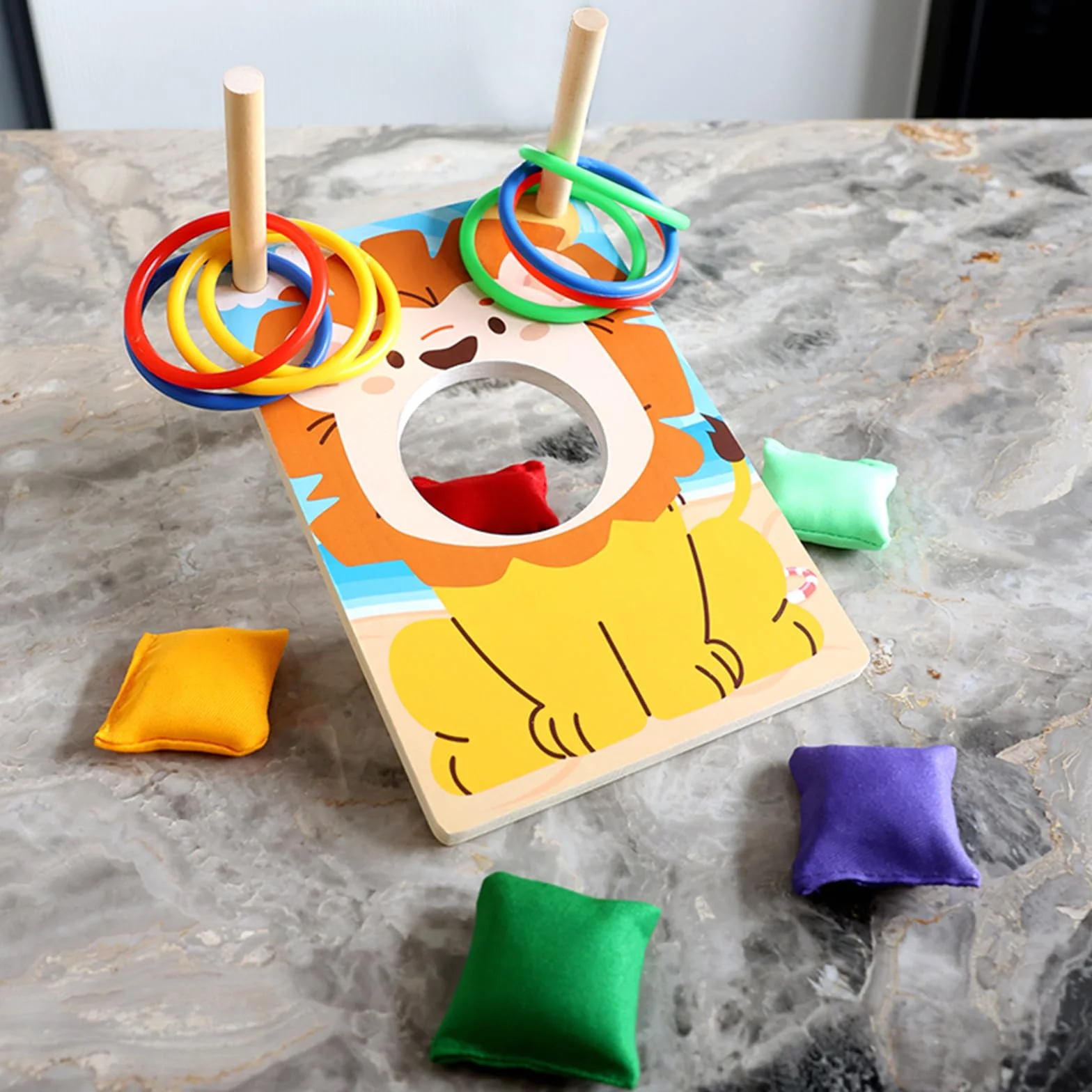 Jeu 2 en 1 Cornhole et Lancer d'anneaux en Bois pour Enfants dès 3 Ans, Jouet Montessori