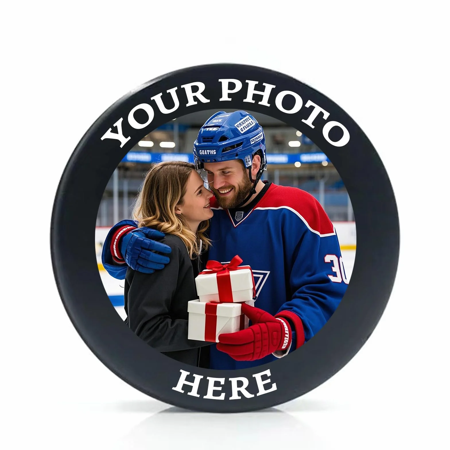 Hockey Puck Personnalisé avec Photo et Logo - Cadeau pour Fans Hommes Garçons Papa Entraîneur