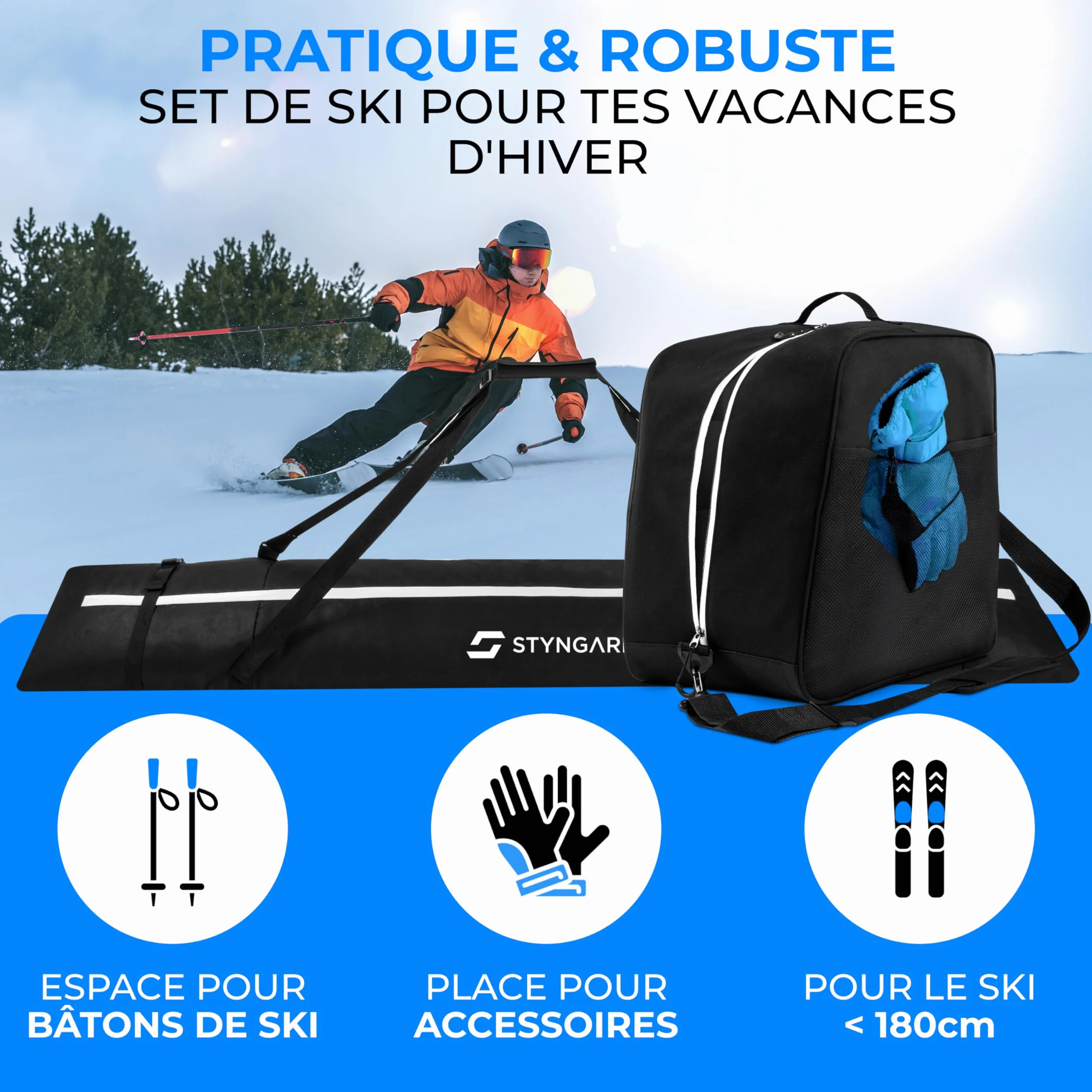 STYNGARD Housse à Skis 180 cm Sac à Chaussures de Ski 38 L Set Courchevel