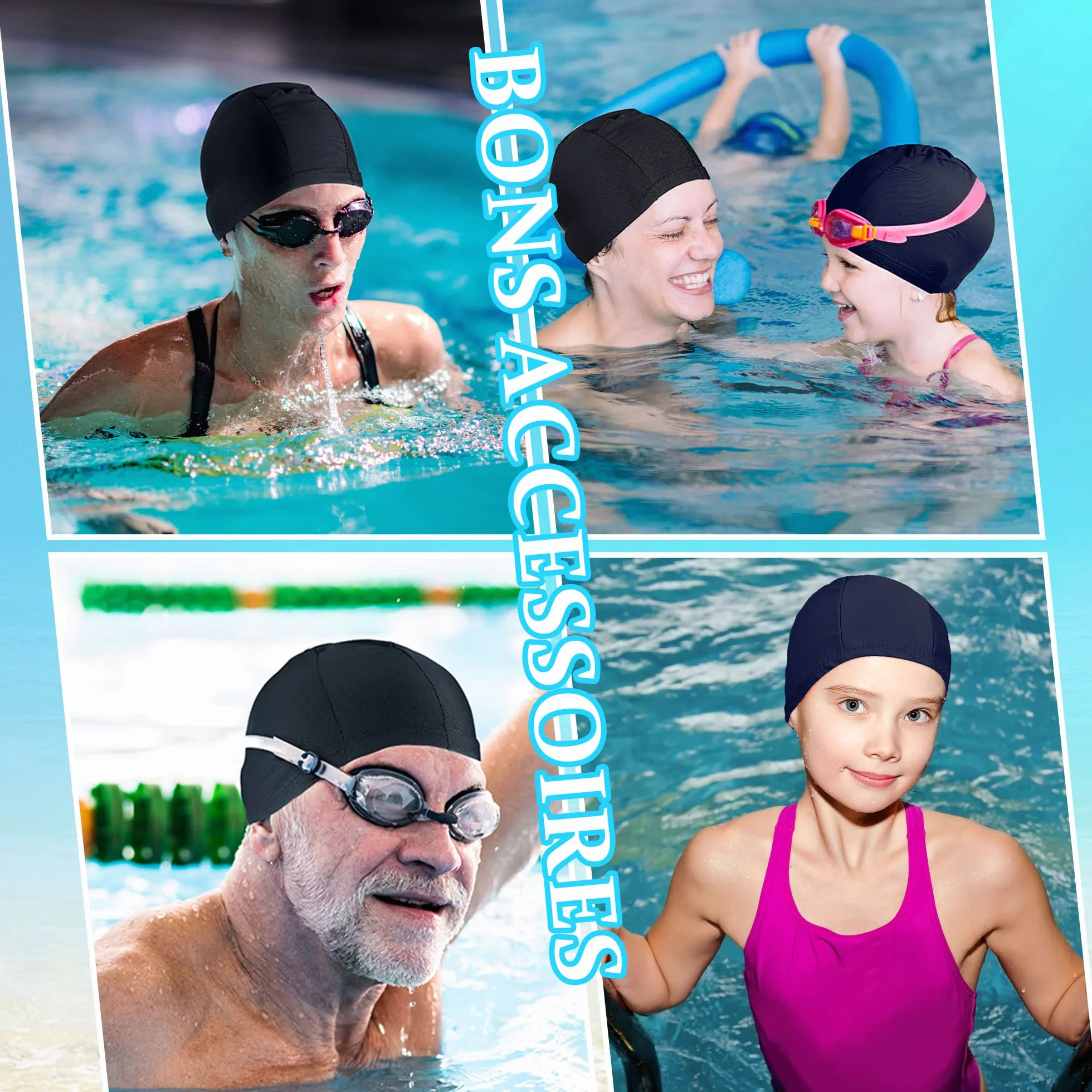 Bonnets de Bain Élastiques en Tissu Confortable pour Natation Femmes Hommes Enfants
