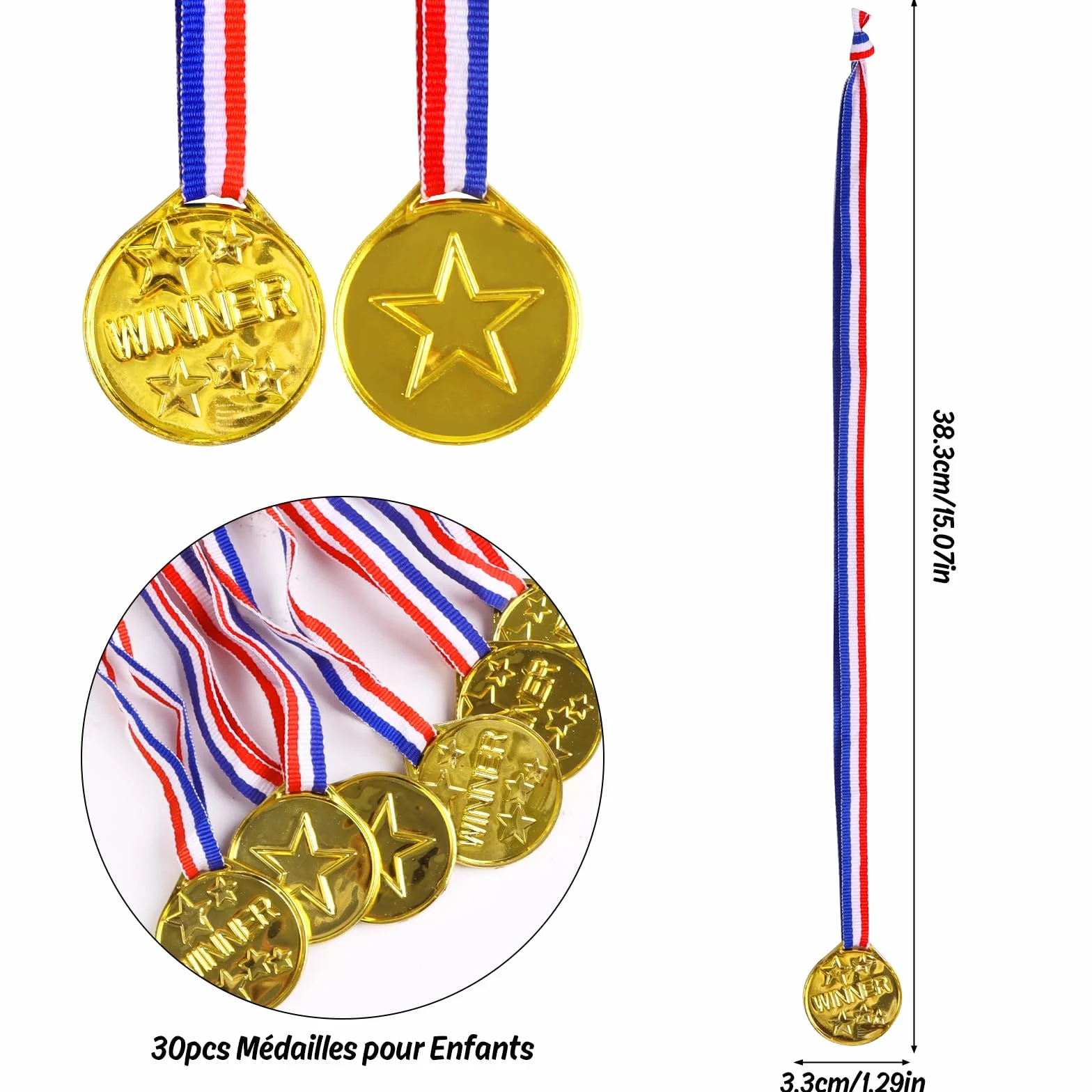 Médailles Enfants 30 Pièces Médaille d'or avec Rubans Cou Plastique Récompense Jeux Scolaires