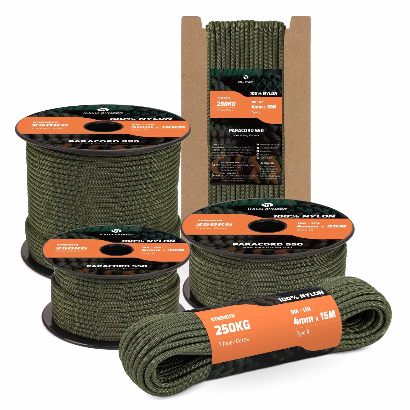 Paracorde 550 Type III 7 Brins 4mm 10m Corde en Nylon Parachute Vert Armée 250kg