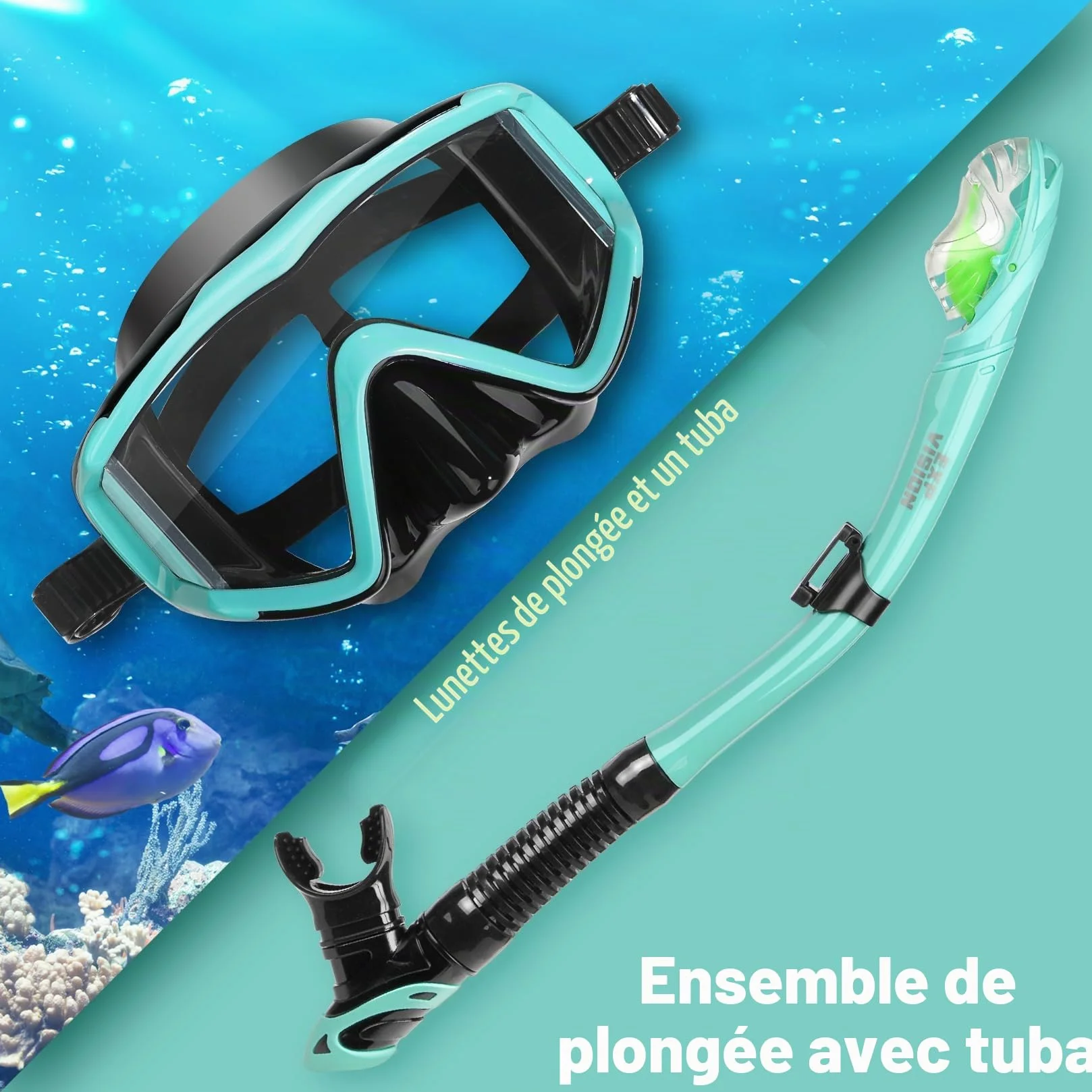 Masque de Plongée avec Tuba Sec, Pano à 3 Fenêtres, Antibuée pour Adultes