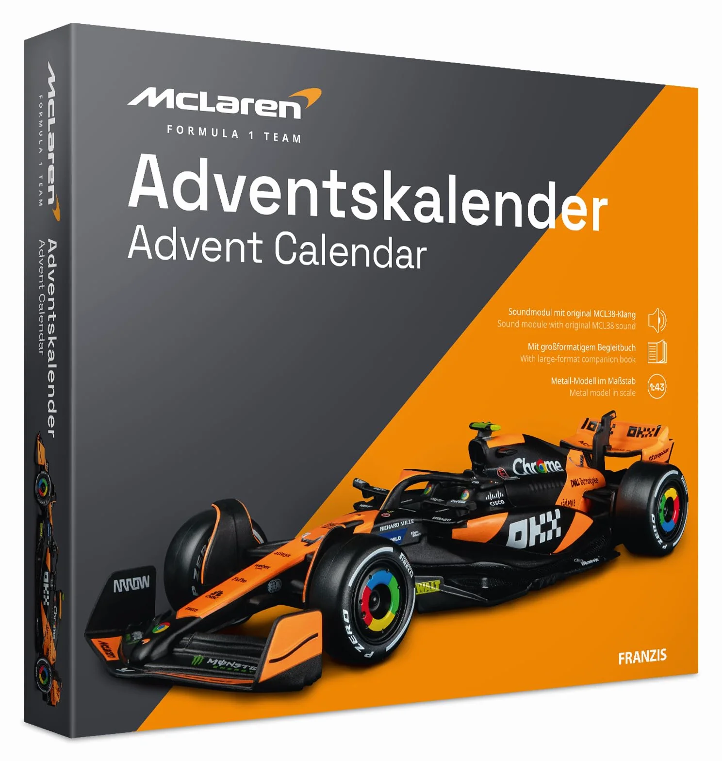 FRANZIS McLaren Racing Calendrier de l'Avent 2025 1:43 avec module sonore et livre 52 pages