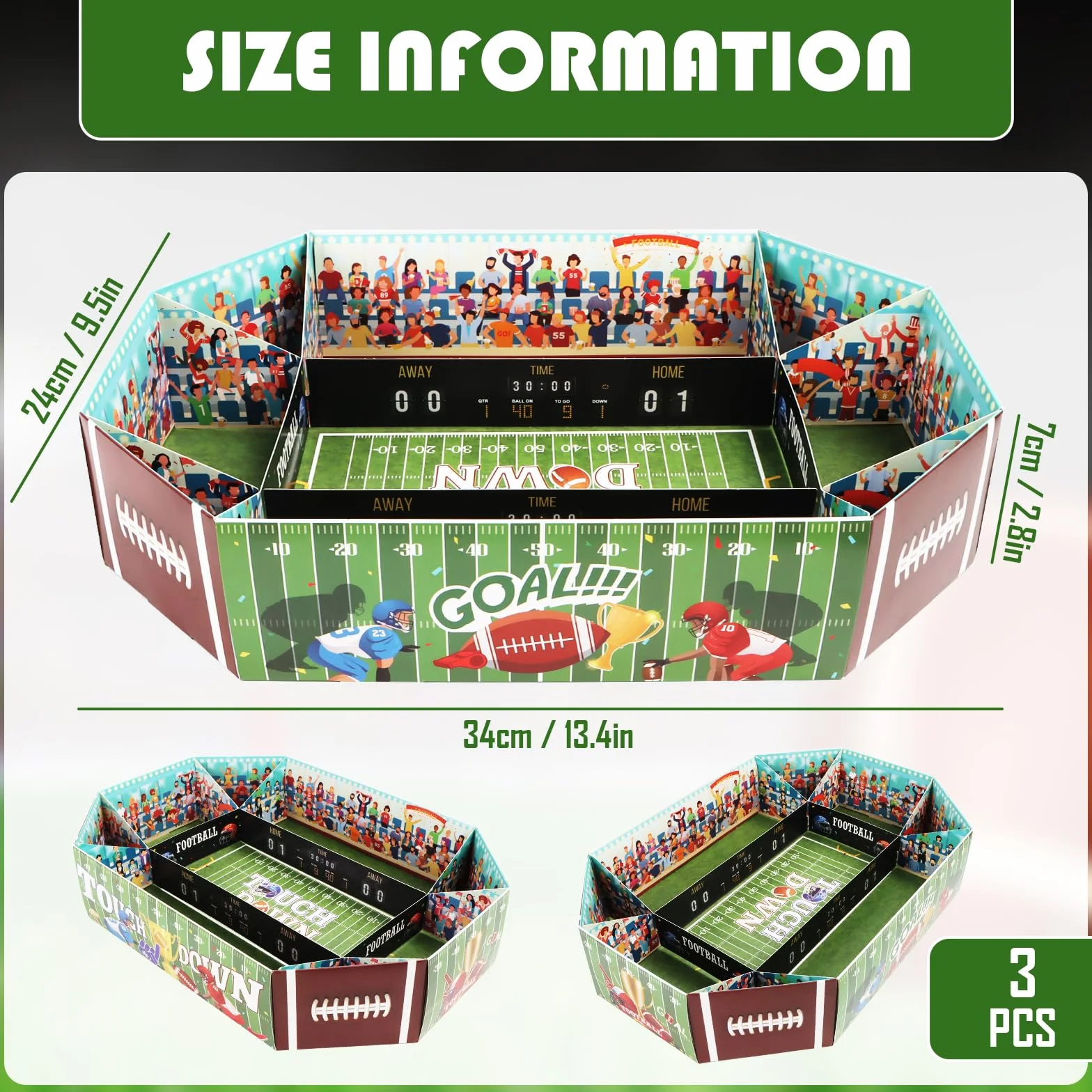 Lot de 3 Grands Stades de Collation de Football Américain - Plateau de Service en Papier - Super Snack Stade